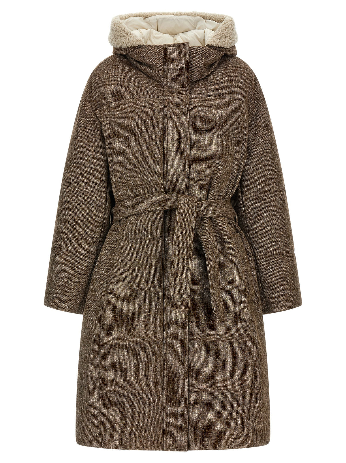 Brunello Cucinelli Brown 70% Virgin Wool Quilted Down Jacket – Removable Fur Hood, Belt, Concealed Closure, Italian