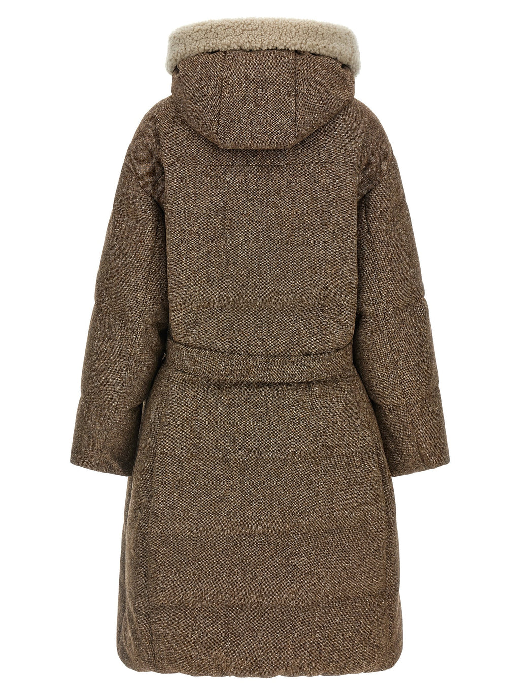 Brunello Cucinelli Brown 70% Virgin Wool Quilted Down Jacket – Removable Fur Hood, Belt, Concealed Closure, Italian