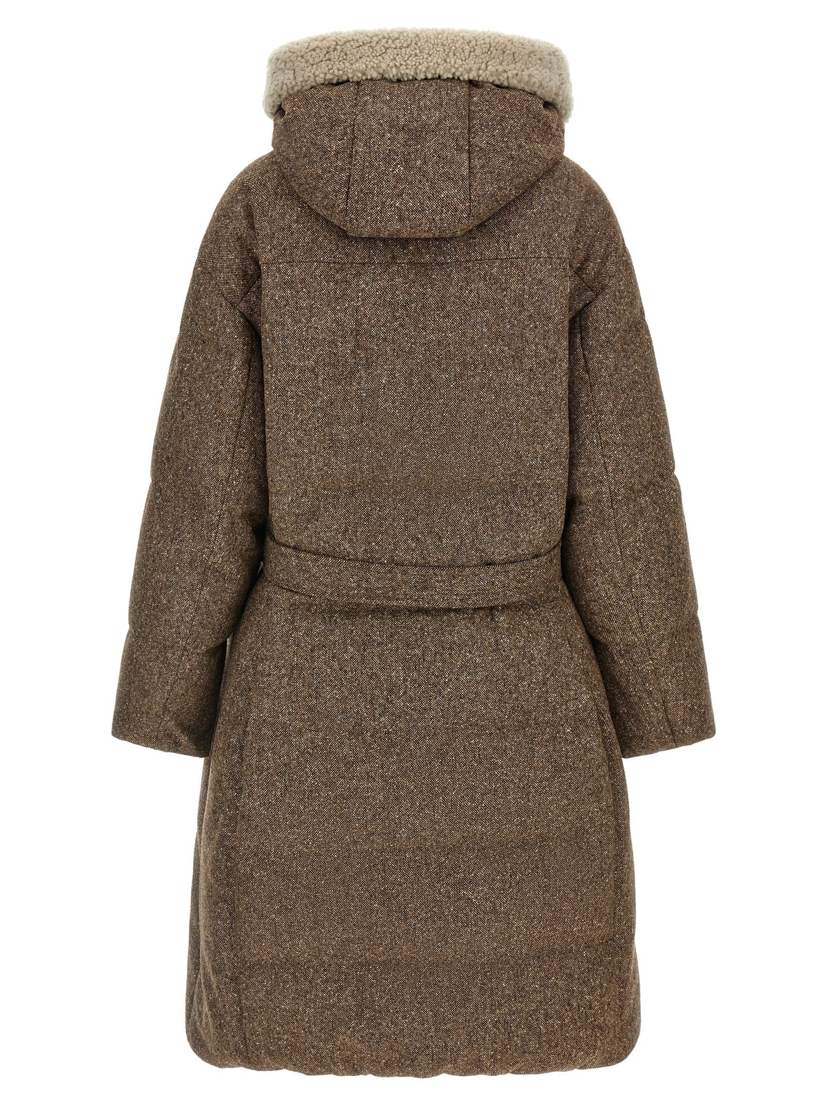 Brunello Cucinelli Brown 70% Virgin Wool Quilted Down Jacket – Removable Fur Hood, Belt, Concealed Closure, Italian