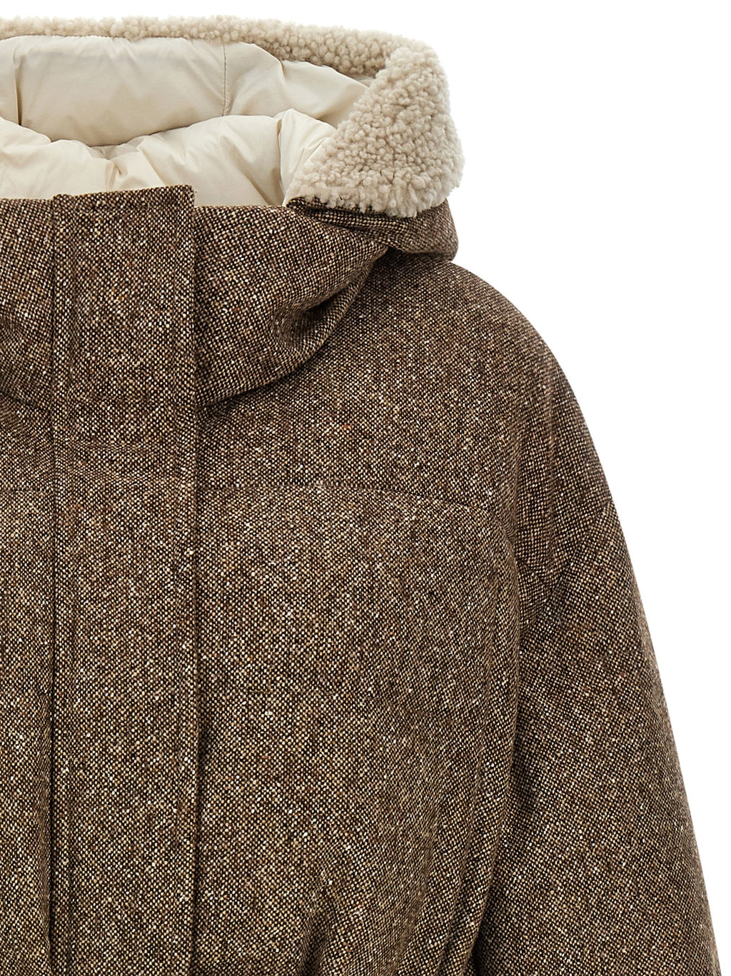 Brunello Cucinelli Brown 70% Virgin Wool Quilted Down Jacket – Removable Fur Hood, Belt, Concealed Closure, Italian