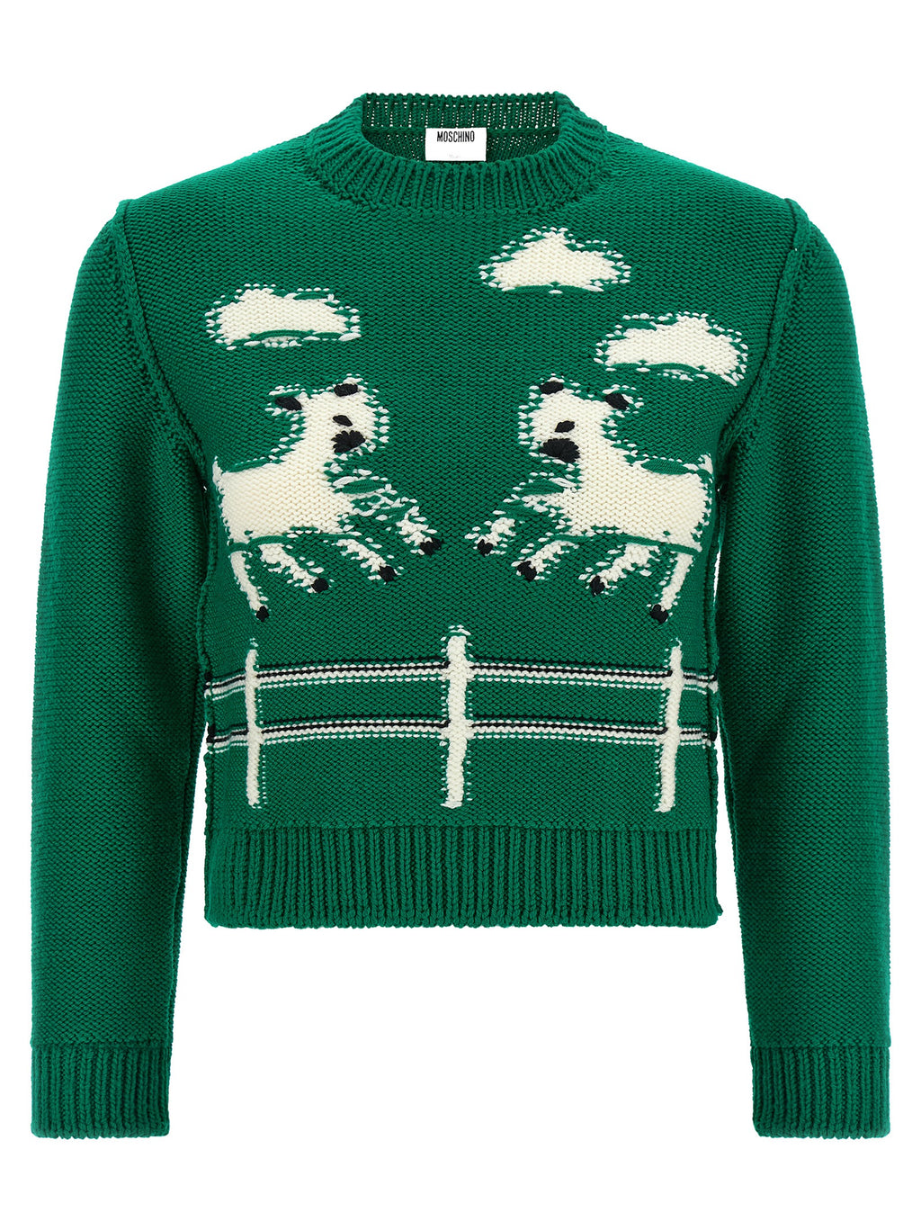 Moschino Two-Tone 100% Virgin Wool Oversized Sweater – Lamb Graphic, Contrast Elbow Patch, Leather Logo, Romania