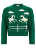 Moschino Two-Tone 100% Virgin Wool Oversized Sweater – Lamb Graphic, Contrast Elbow Patch, Leather Logo, Romania