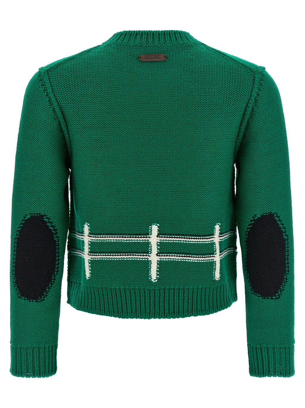 Moschino Two-Tone 100% Virgin Wool Oversized Sweater – Lamb Graphic, Contrast Elbow Patch, Leather Logo, Romania