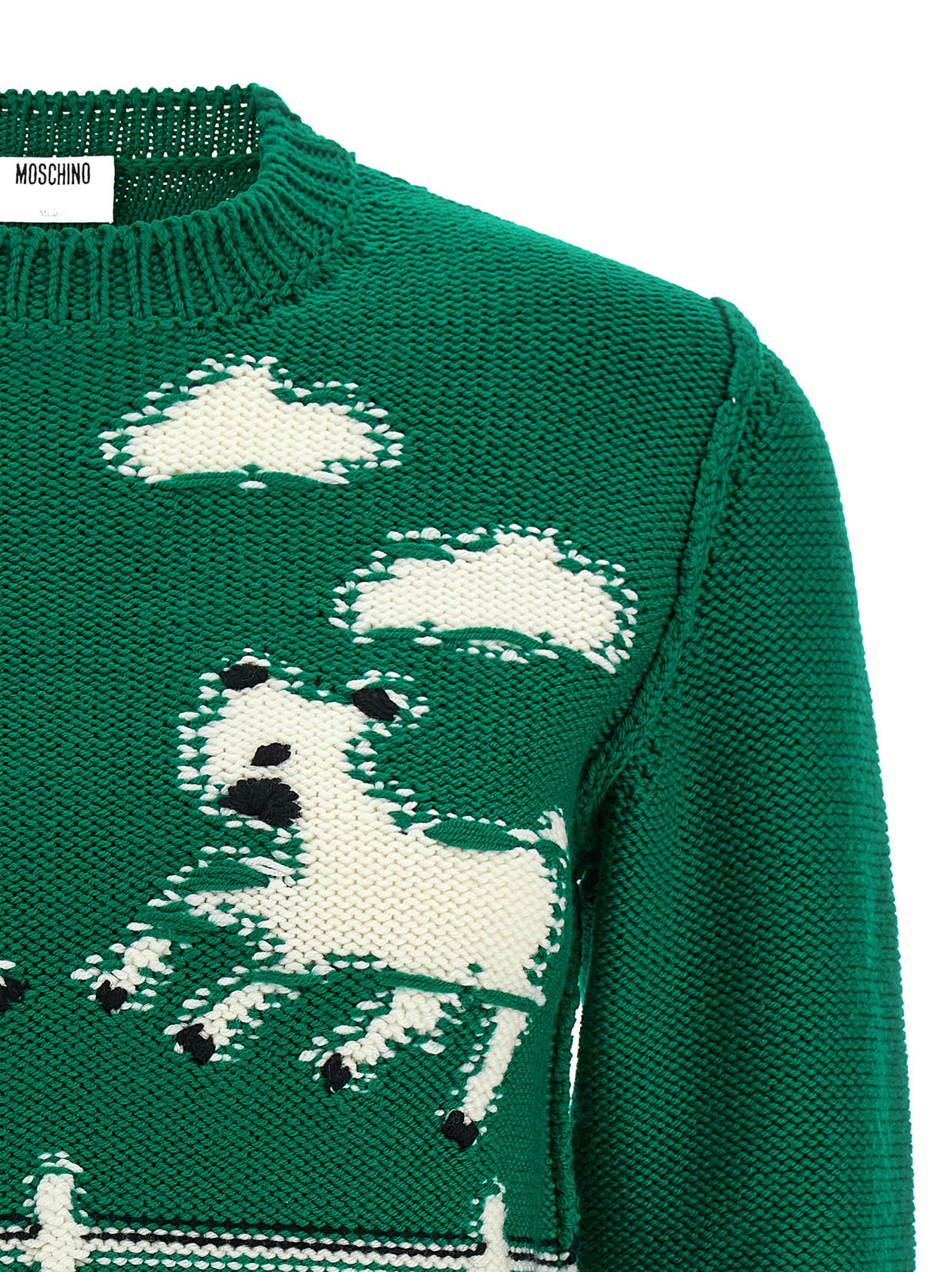 Moschino Two-Tone 100% Virgin Wool Oversized Sweater – Lamb Graphic, Contrast Elbow Patch, Leather Logo, Romania