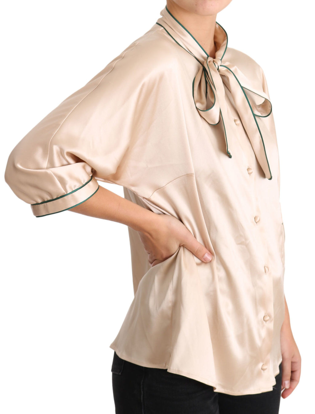 Dolce & Gabbana Beige 96% Silk Stretch Blouse – Round Neck, 3/4 Sleeve, Button, Pockets, Logo Detail, Italian