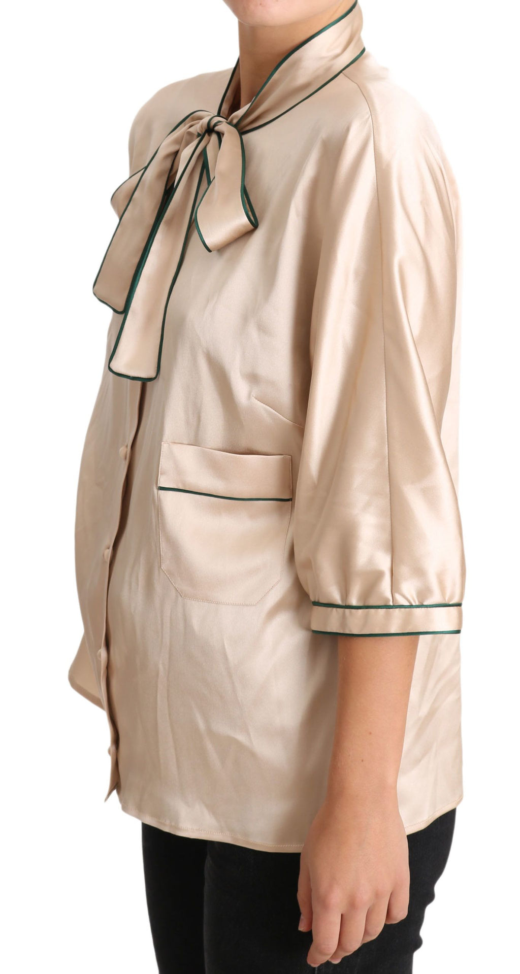 Dolce & Gabbana Beige 96% Silk Stretch Blouse – Round Neck, 3/4 Sleeve, Button, Pockets, Logo Detail, Italian