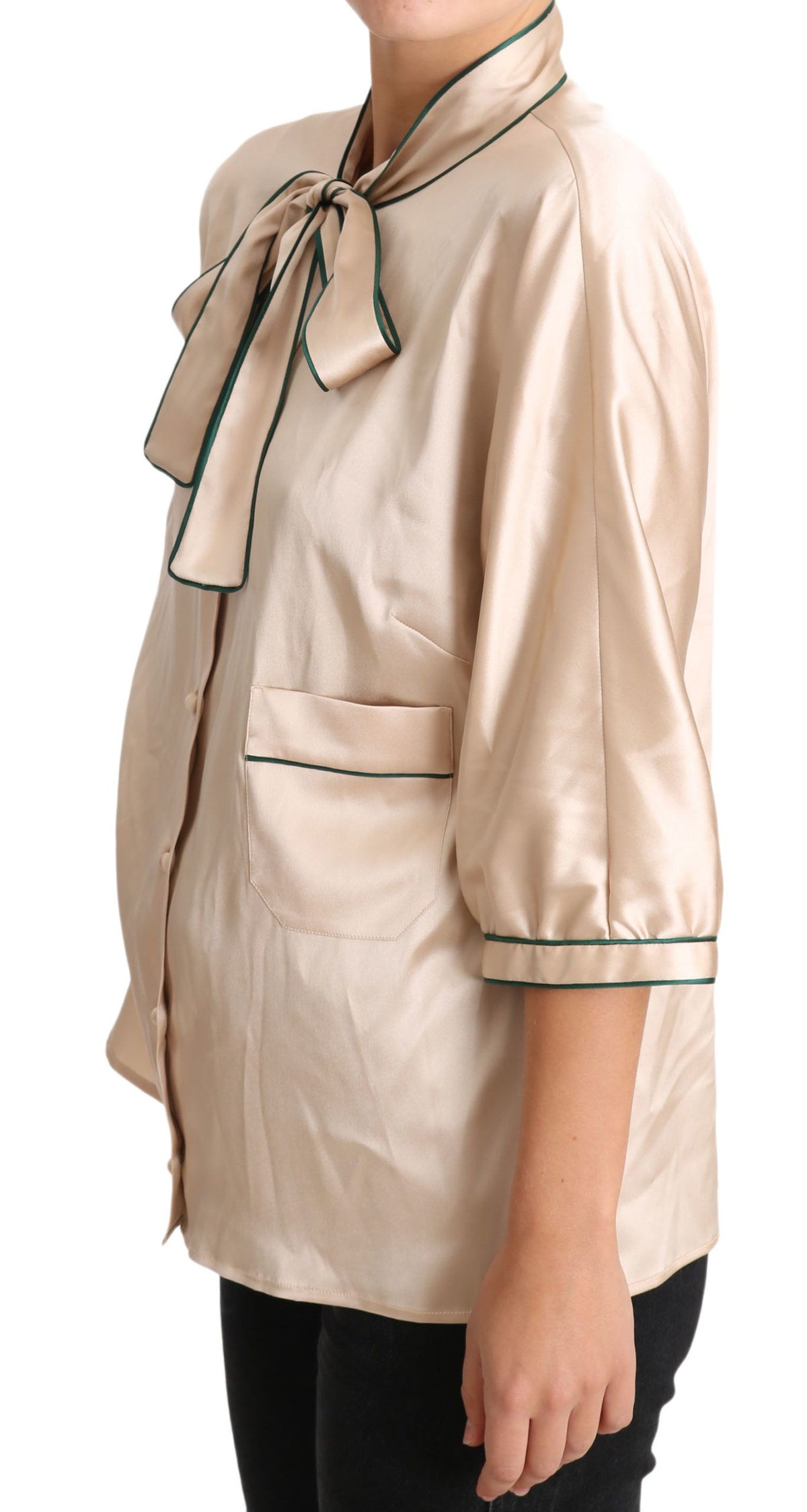 Dolce & Gabbana Beige 96% Silk Stretch Blouse – Round Neck, 3/4 Sleeve, Button, Pockets, Logo Detail, Italian