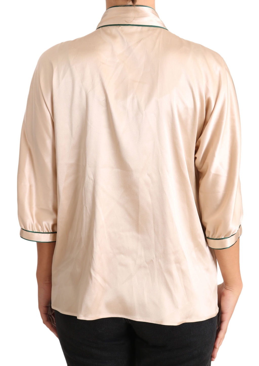 Dolce & Gabbana Beige 96% Silk Stretch Blouse – Round Neck, 3/4 Sleeve, Button, Pockets, Logo Detail, Italian