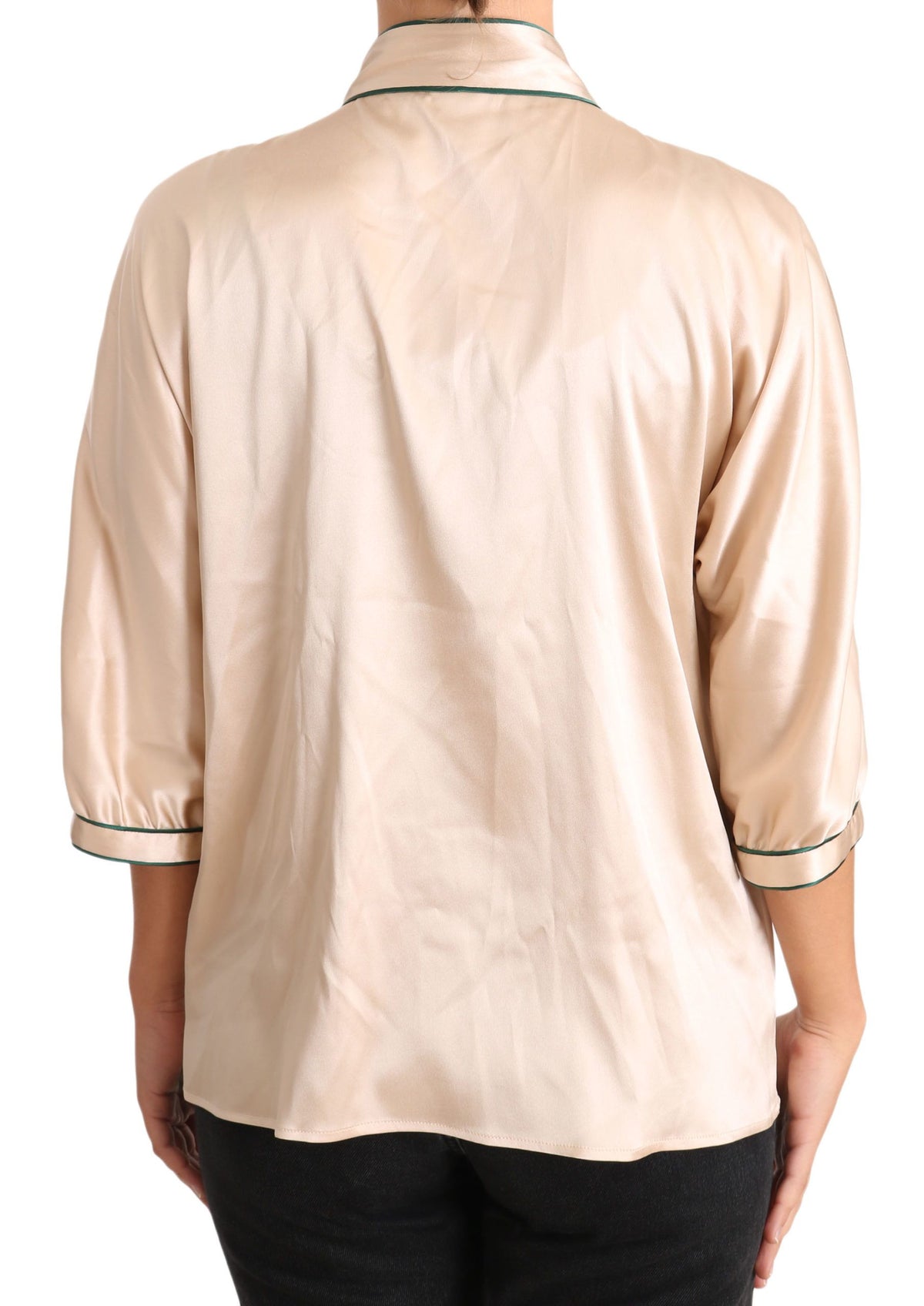Dolce & Gabbana Beige 96% Silk Stretch Blouse – Round Neck, 3/4 Sleeve, Button, Pockets, Logo Detail, Italian