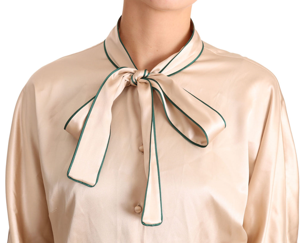 Dolce & Gabbana Beige 96% Silk Stretch Blouse – Round Neck, 3/4 Sleeve, Button, Pockets, Logo Detail, Italian