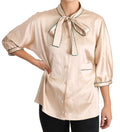 Dolce & Gabbana Beige 96% Silk Stretch Blouse – Round Neck, 3/4 Sleeve, Button, Pockets, Logo Detail, Italian
