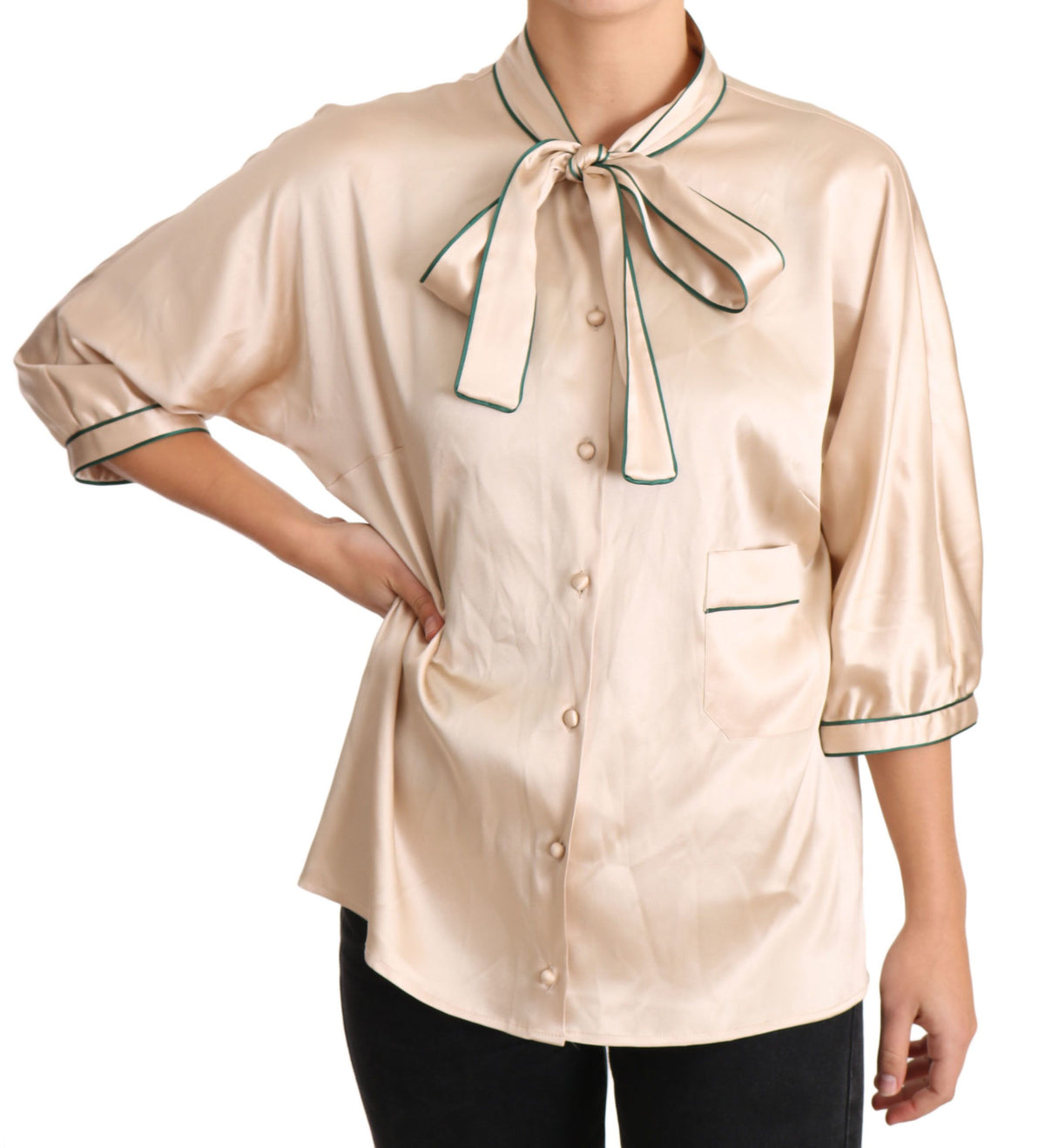 Dolce & Gabbana Beige 96% Silk Stretch Blouse – Round Neck, 3/4 Sleeve, Button, Pockets, Logo Detail, Italian