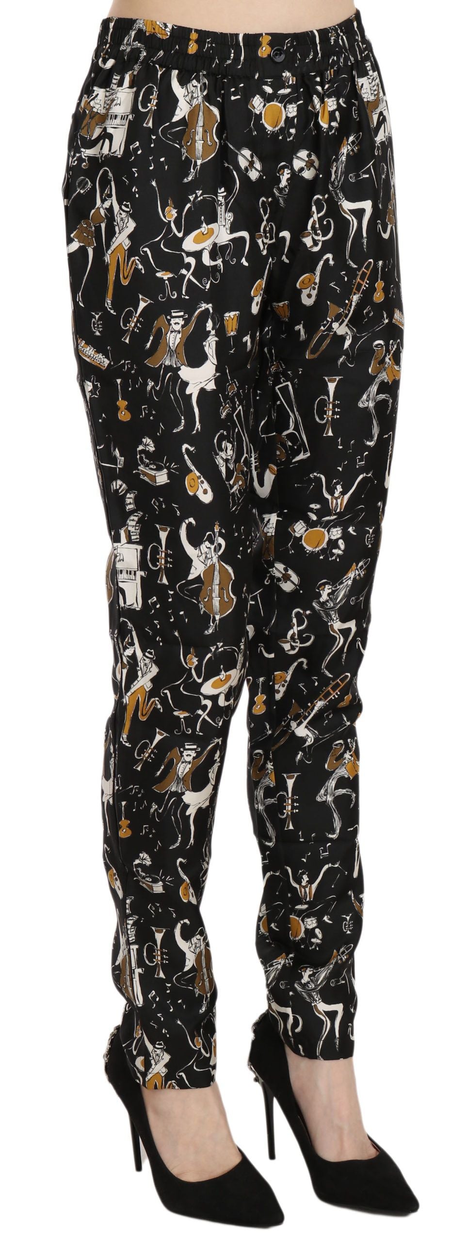 Dolce & Gabbana Black Jazz Club Print High-Waisted Tapered Trousers