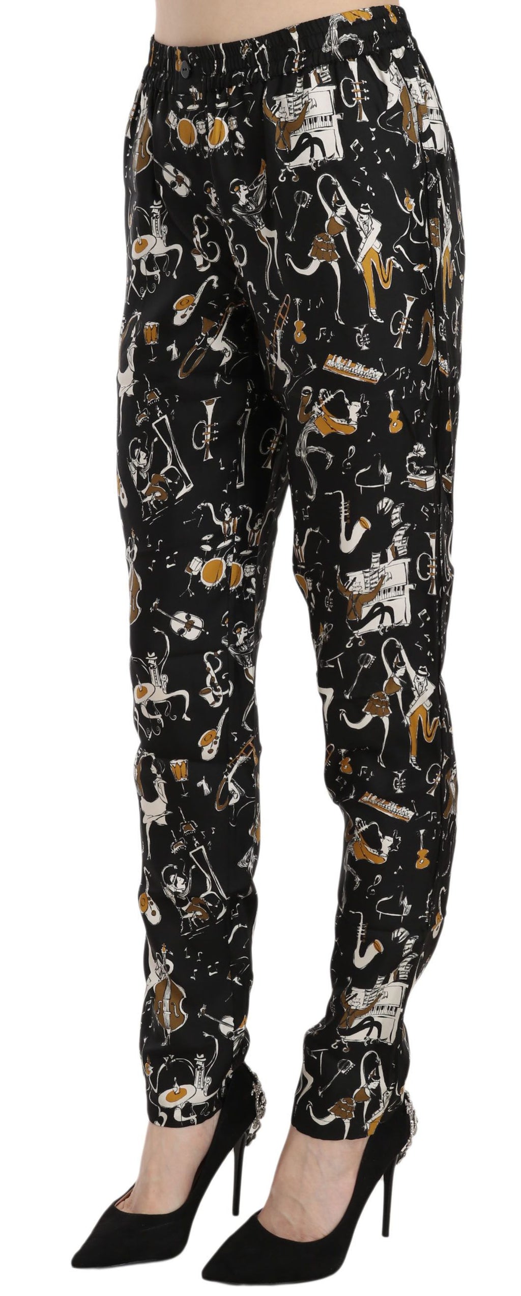 Dolce & Gabbana Black Jazz Club Print High-Waisted Tapered Trousers