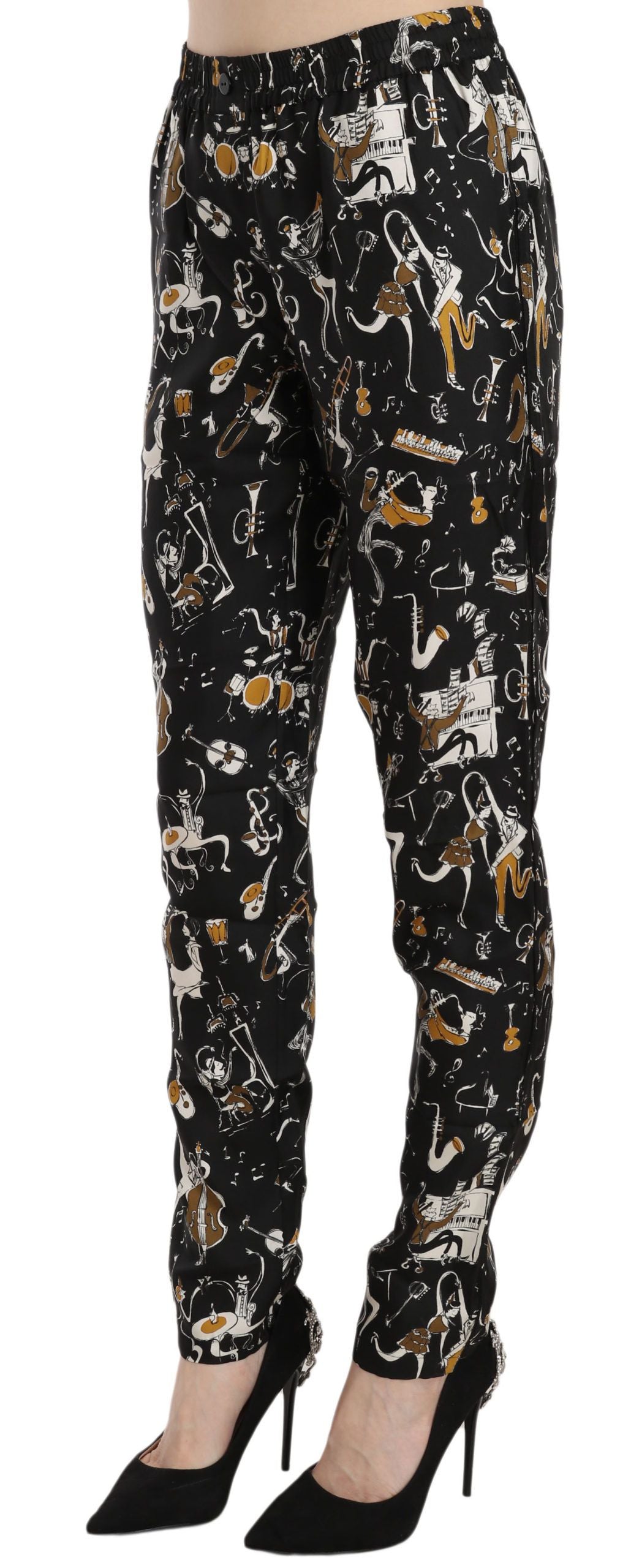 Dolce & Gabbana Black Jazz Club Print High-Waisted Tapered Trousers