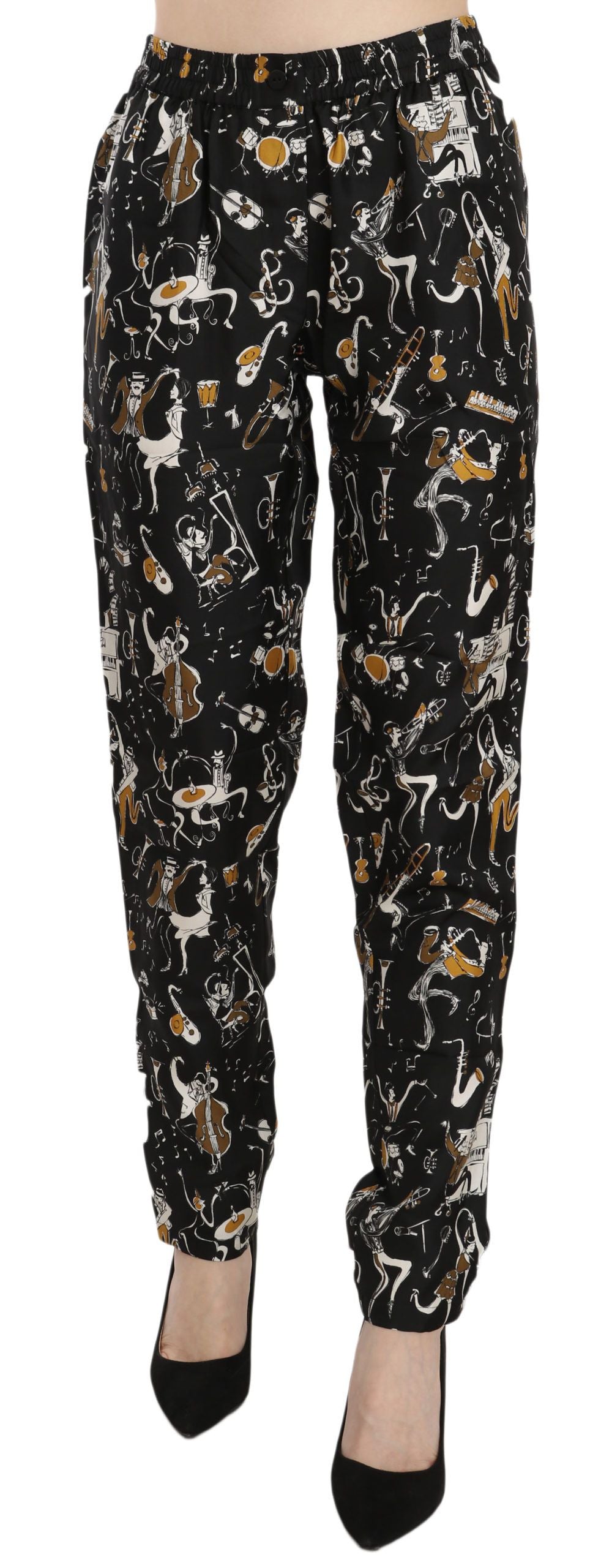 Dolce & Gabbana Black Jazz Club Print High-Waisted Tapered Trousers
