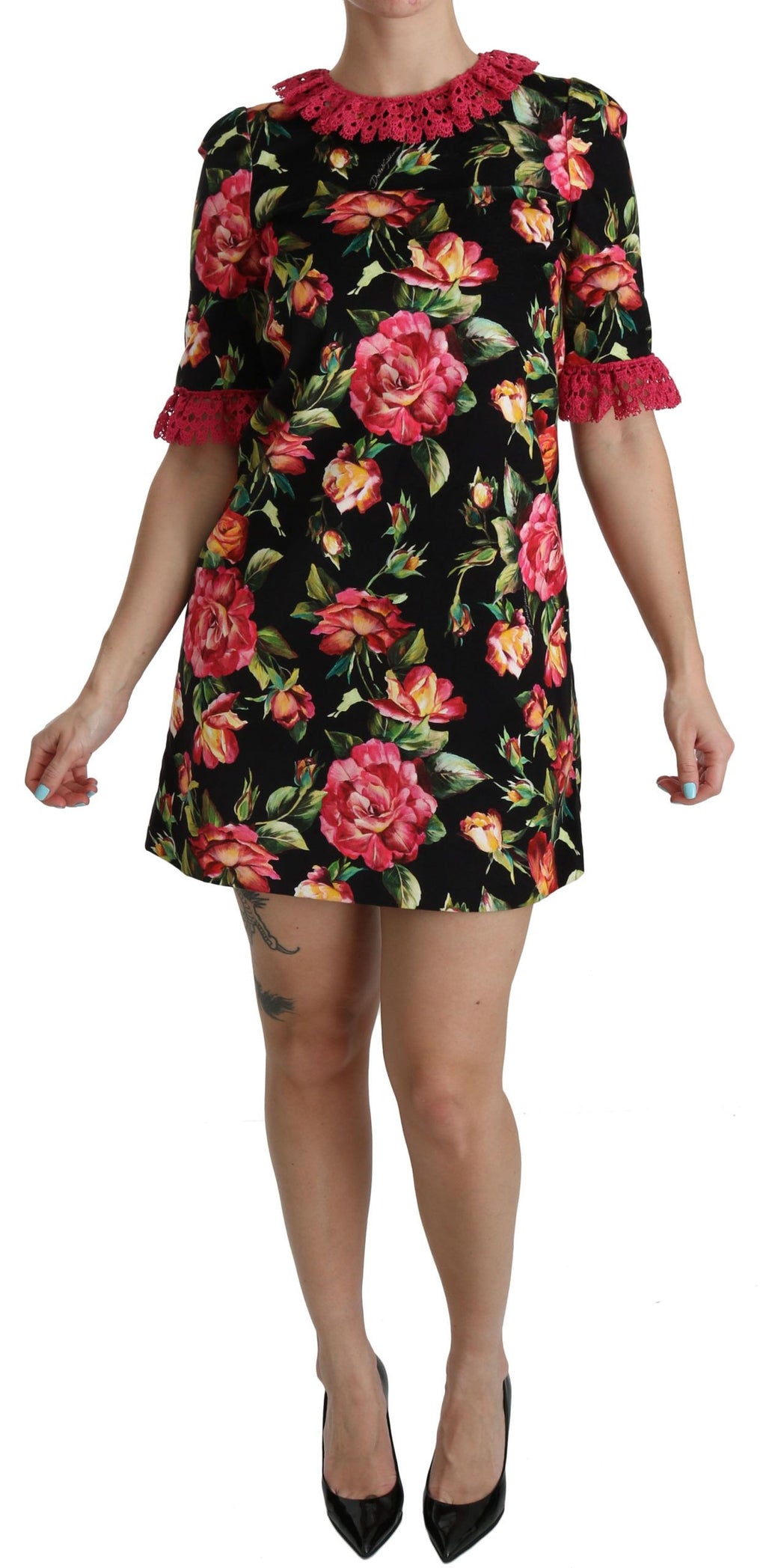 Dolce & Gabbana Black-Pink Floral Lace A-line Mini Dress