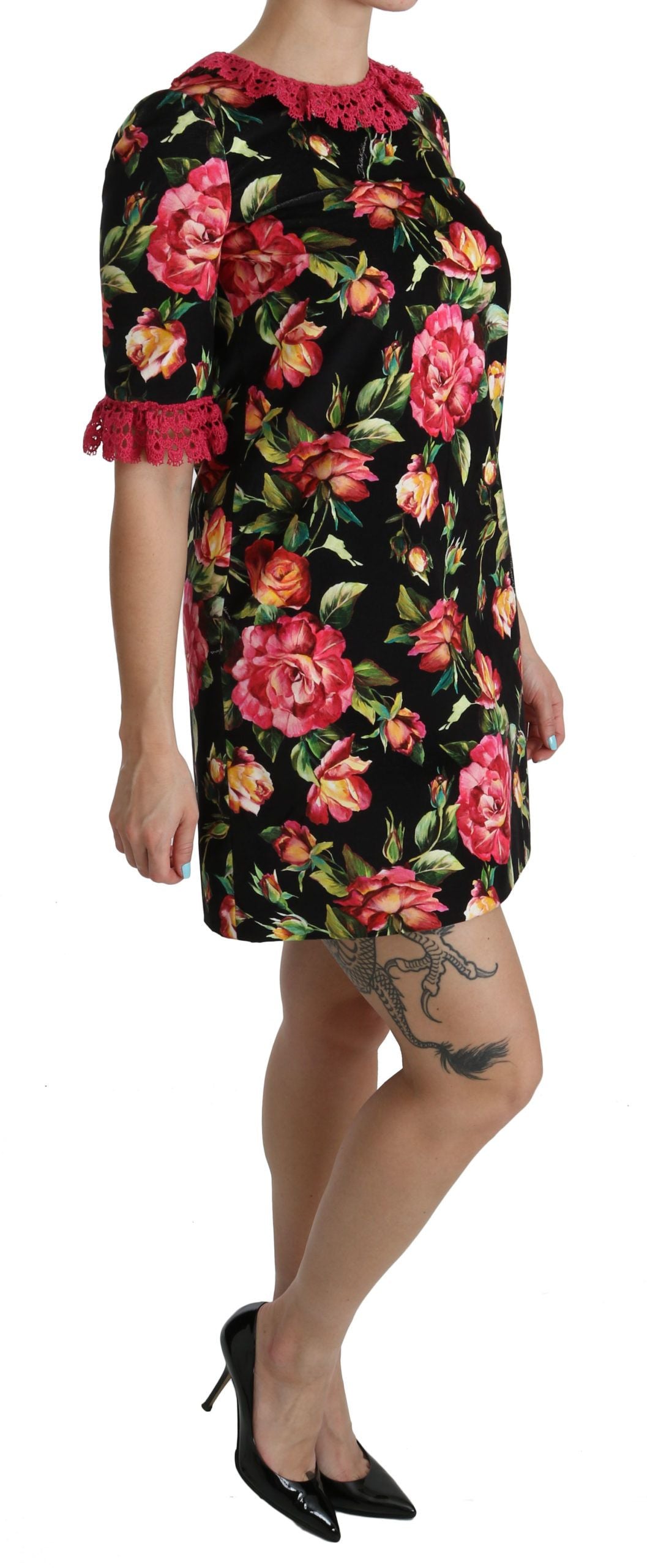Dolce & Gabbana Black-Pink Floral Lace A-line Mini Dress