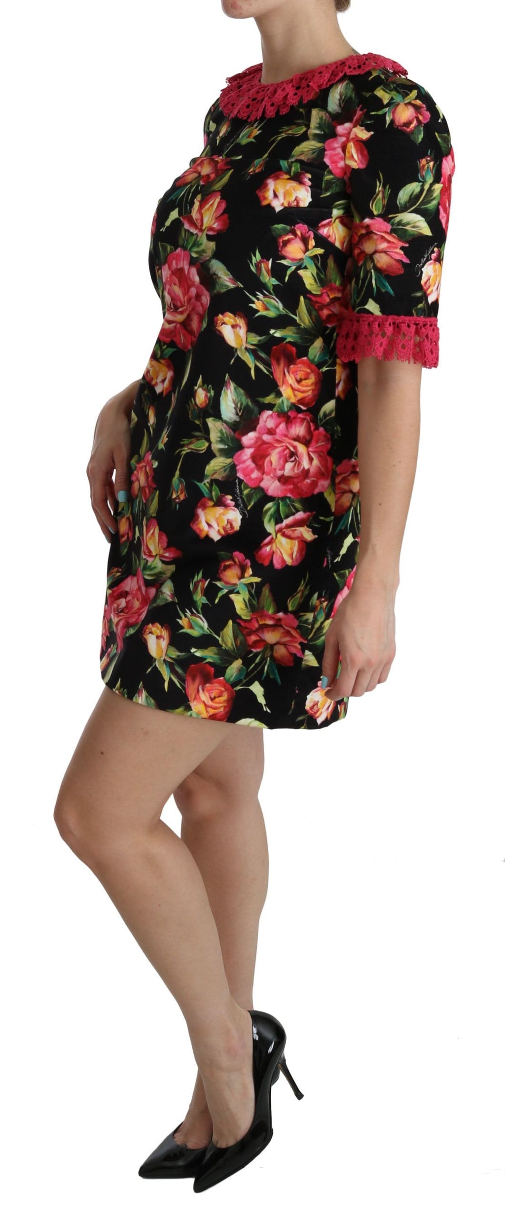 Dolce & Gabbana Black-Pink Floral Lace A-line Mini Dress