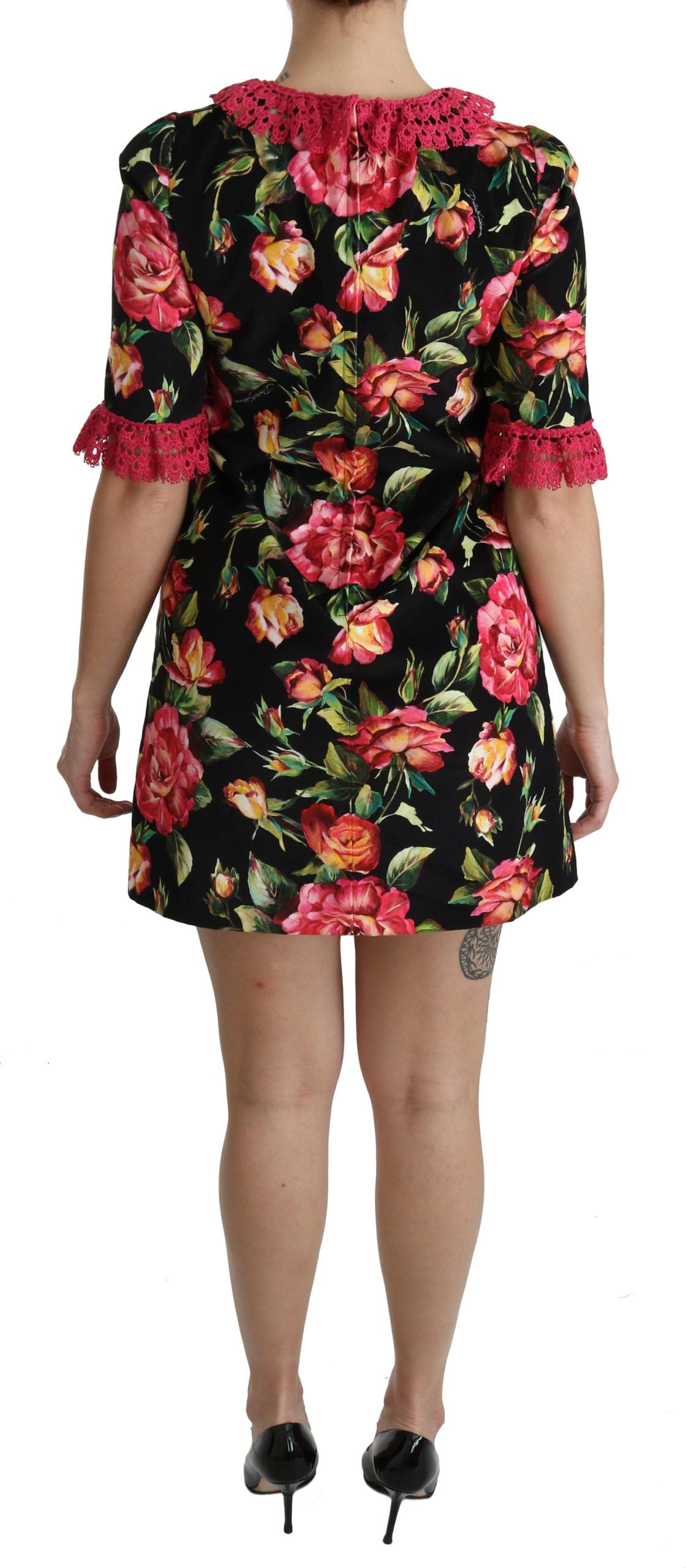 Dolce & Gabbana Black-Pink Floral Lace A-line Mini Dress