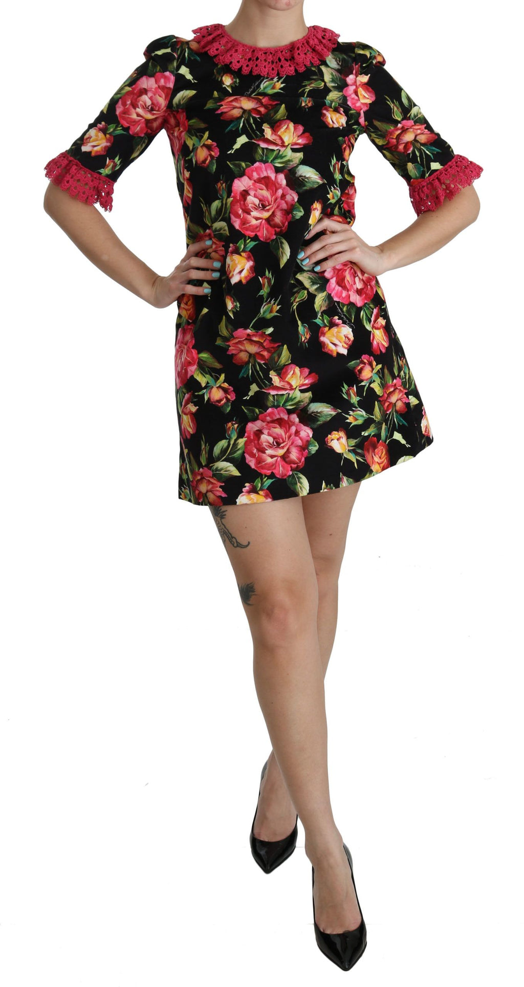 Dolce & Gabbana Black-Pink Floral Lace A-line Mini Dress