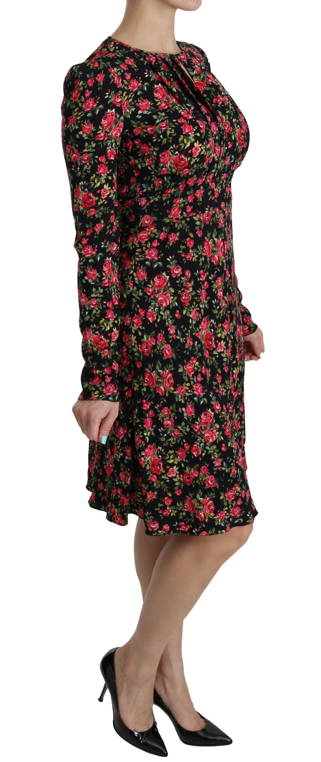 Dolce & Gabbana Black Floral Long-sleeved Knee-length Dress – Viscose