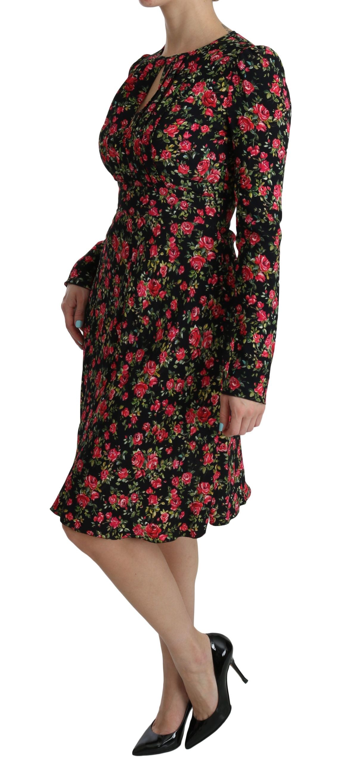 Dolce & Gabbana Black Floral Long-sleeved Knee-length Dress – Viscose