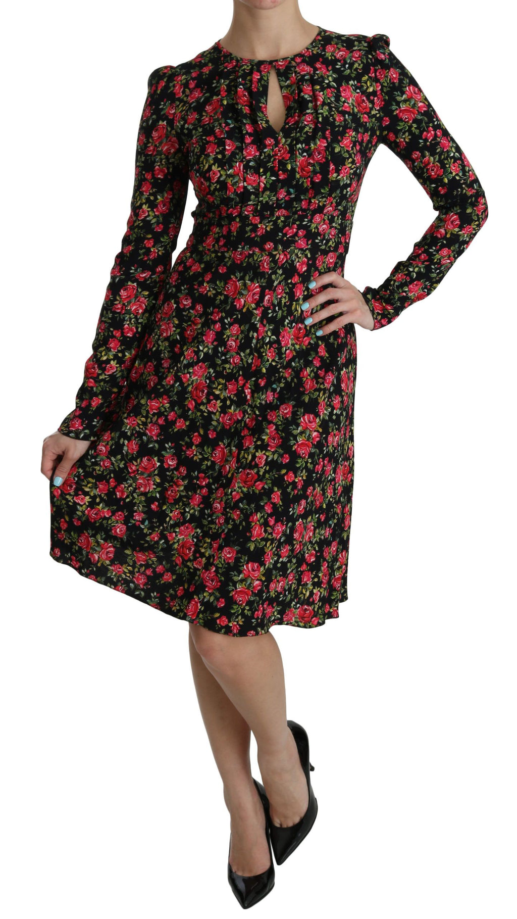 Dolce & Gabbana Black Floral Long-sleeved Knee-length Dress – Viscose