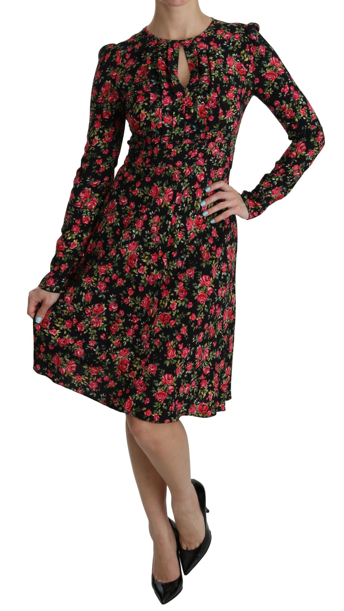 Dolce & Gabbana Black Floral Long-sleeved Knee-length Dress – Viscose