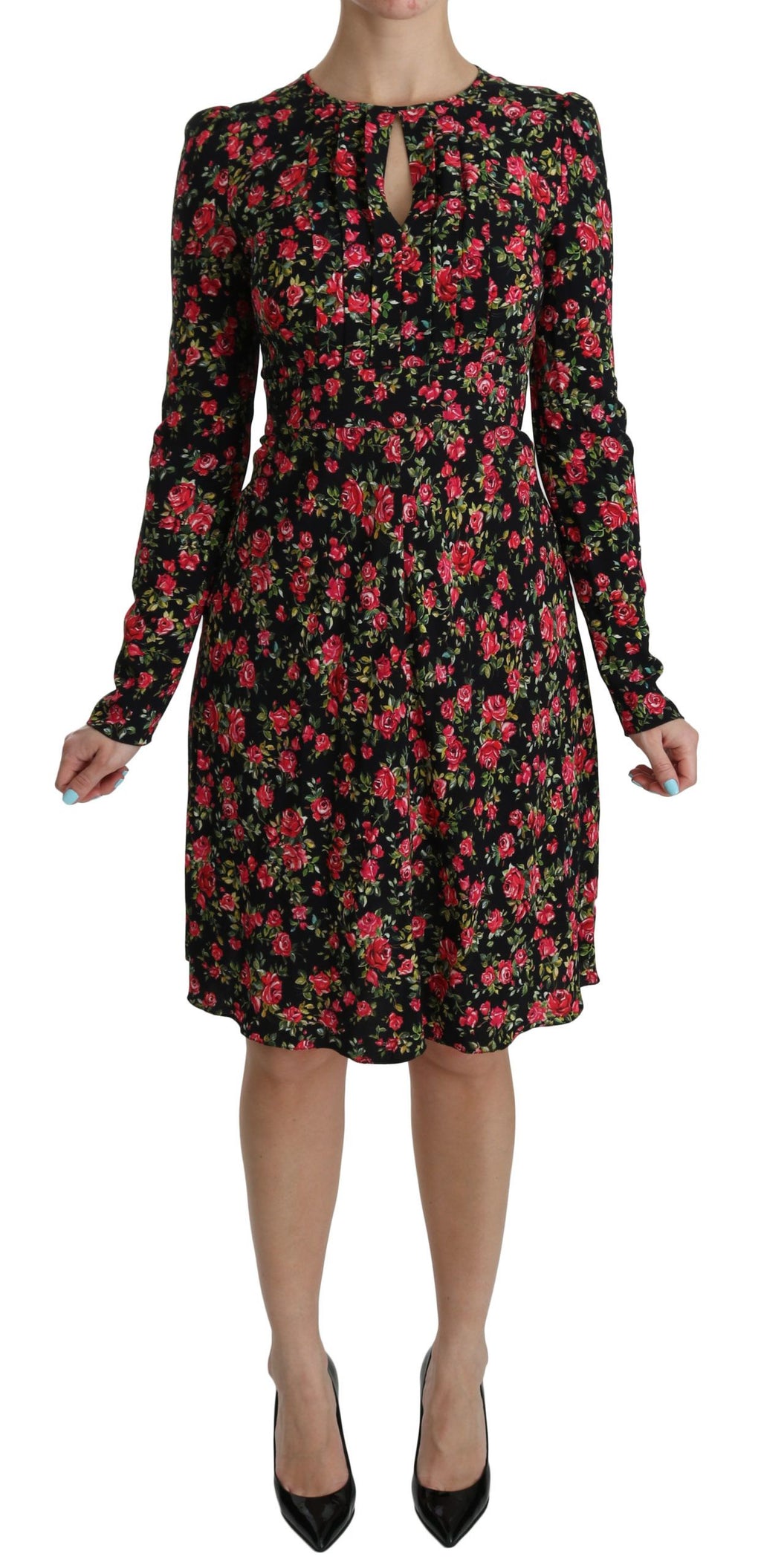 Dolce & Gabbana Black Floral Long-sleeved Knee-length Dress – Viscose