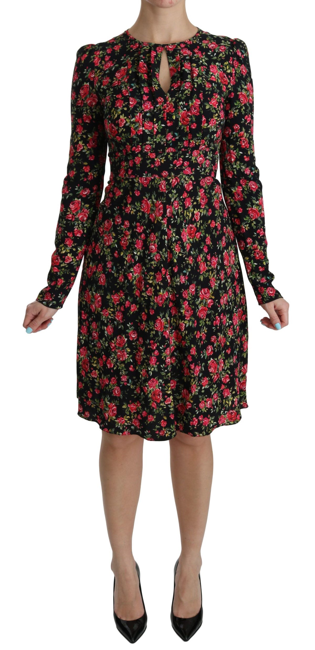 Dolce & Gabbana Black Floral Long-sleeved Knee-length Dress – Viscose
