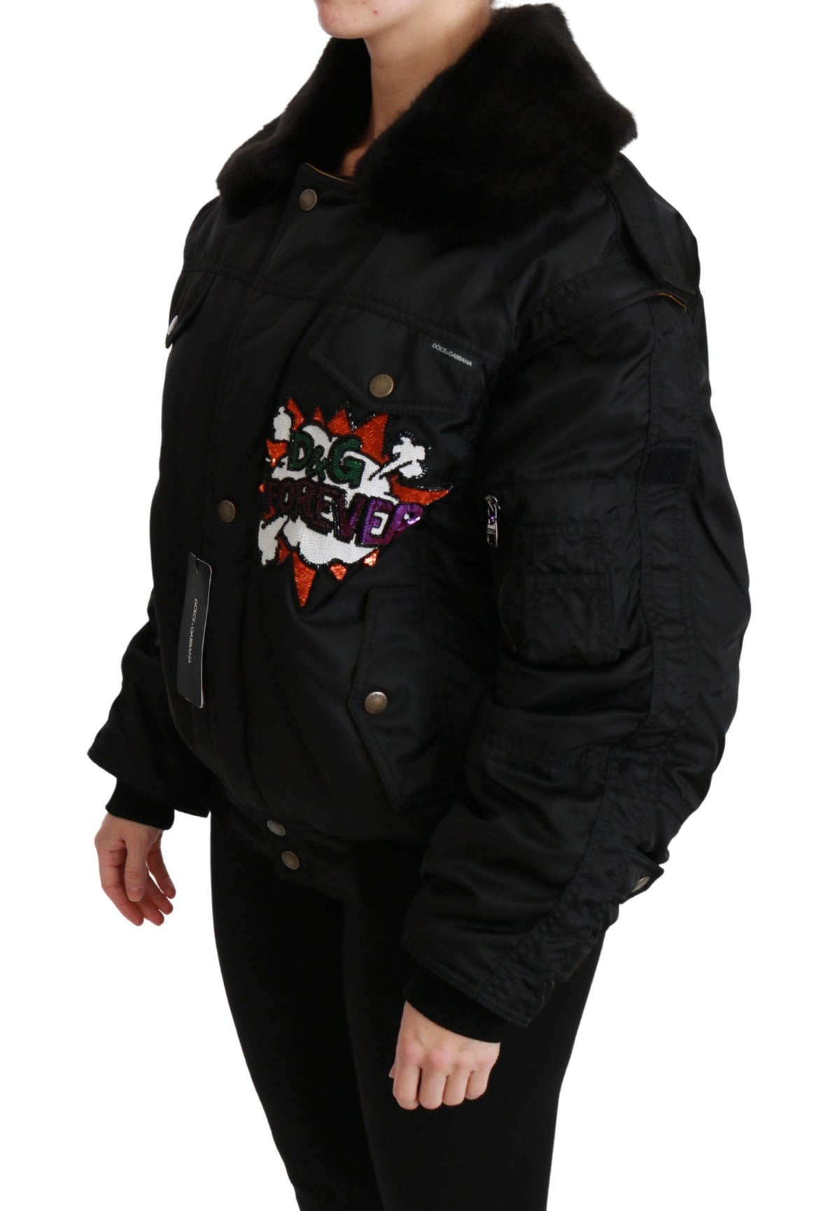 Dolce & Gabbana Black Queen Crown Sequin Bomber Jacket – Detachable Sleeves