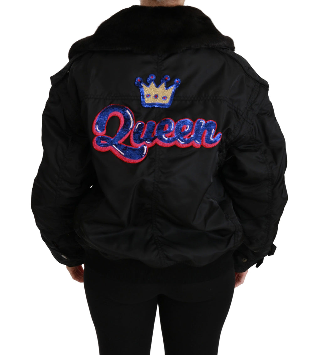 Dolce & Gabbana Black Queen Crown Sequin Bomber Jacket – Detachable Sleeves