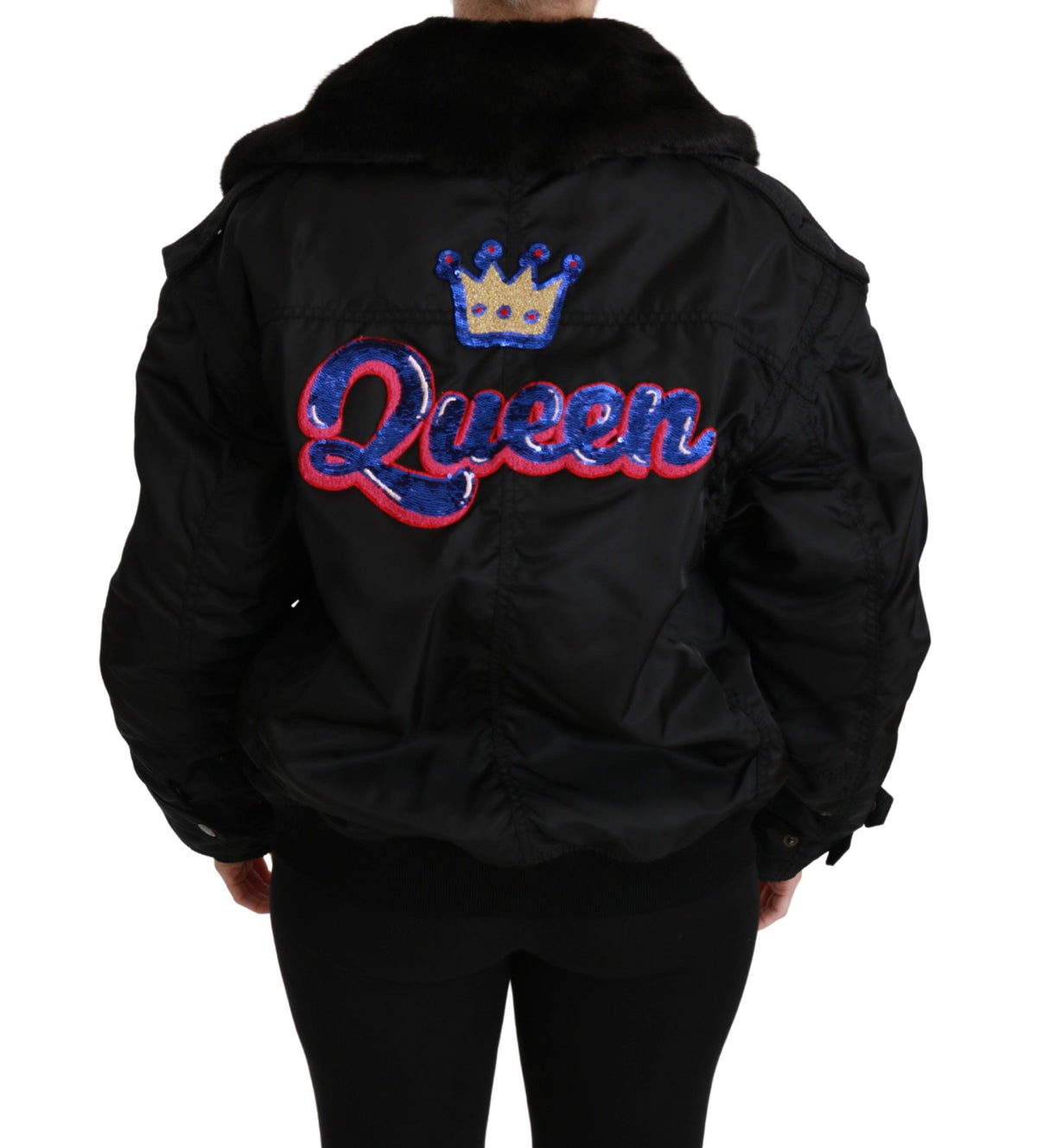 Dolce & Gabbana Black Queen Crown Sequin Bomber Jacket – Detachable Sleeves