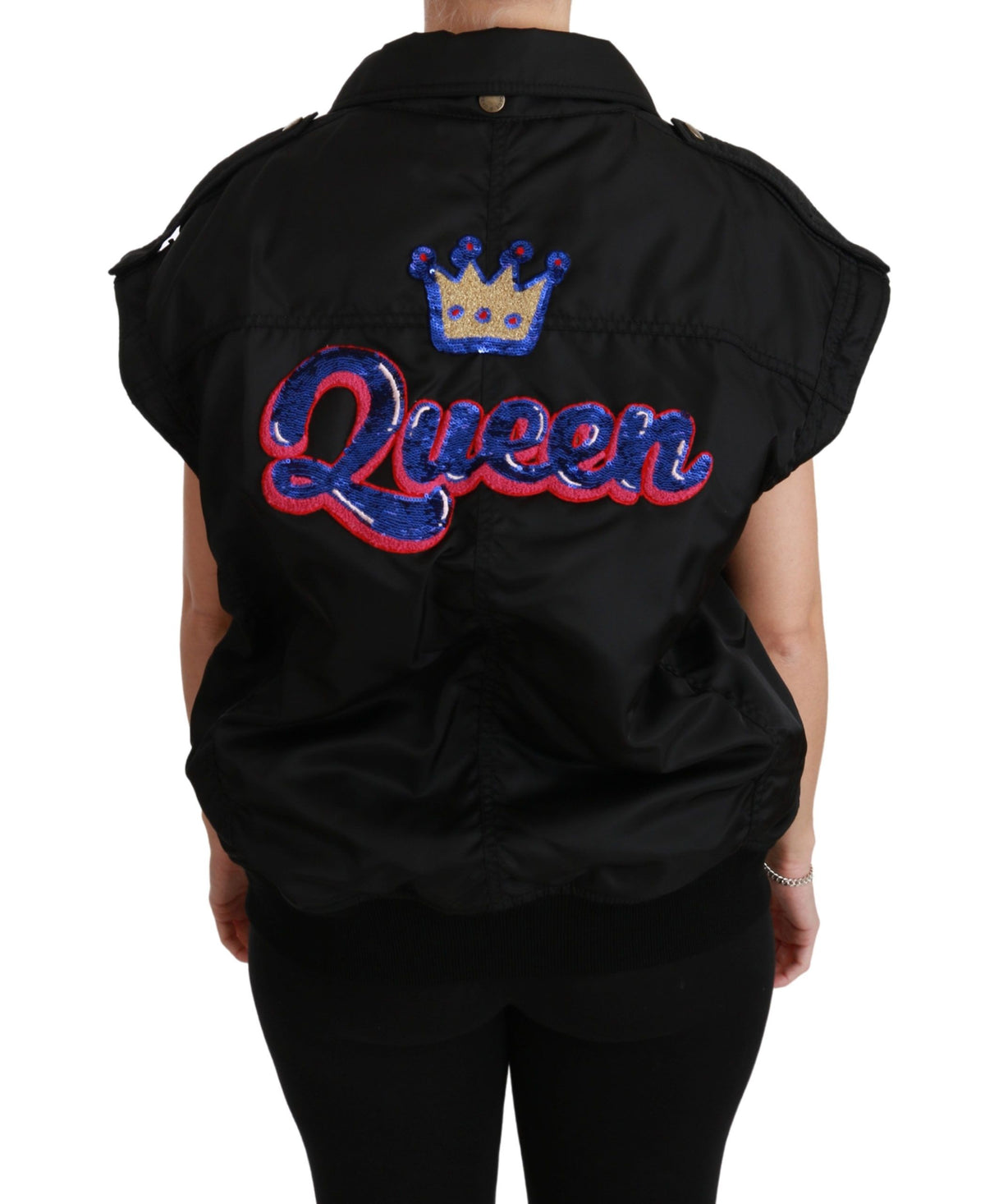 Dolce & Gabbana Black Queen Crown Sequin Bomber Jacket – Detachable Sleeves