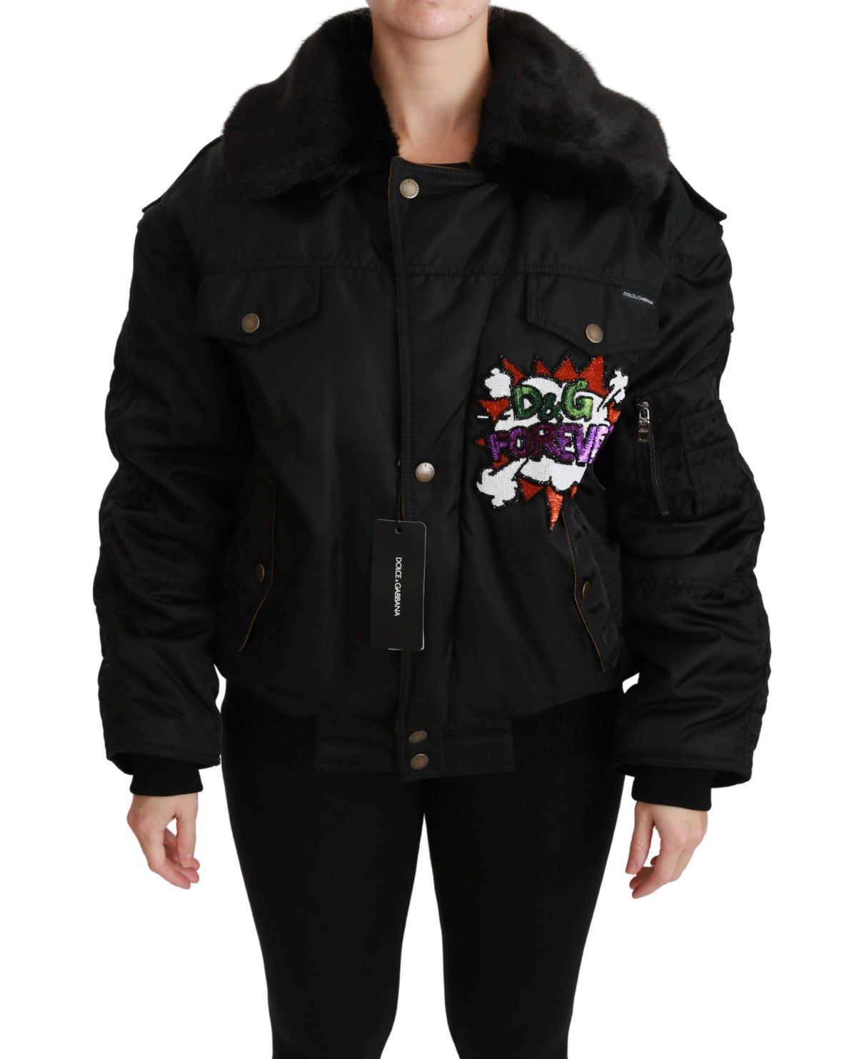 Dolce & Gabbana Black Queen Crown Sequin Bomber Jacket – Detachable Sleeves