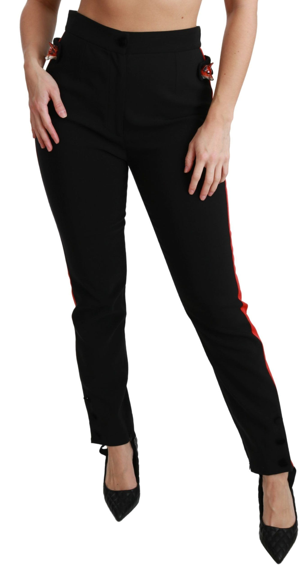 Dolce & Gabbana Black Skinny Stretch High-Waisted Trousers with Fox Head Detail