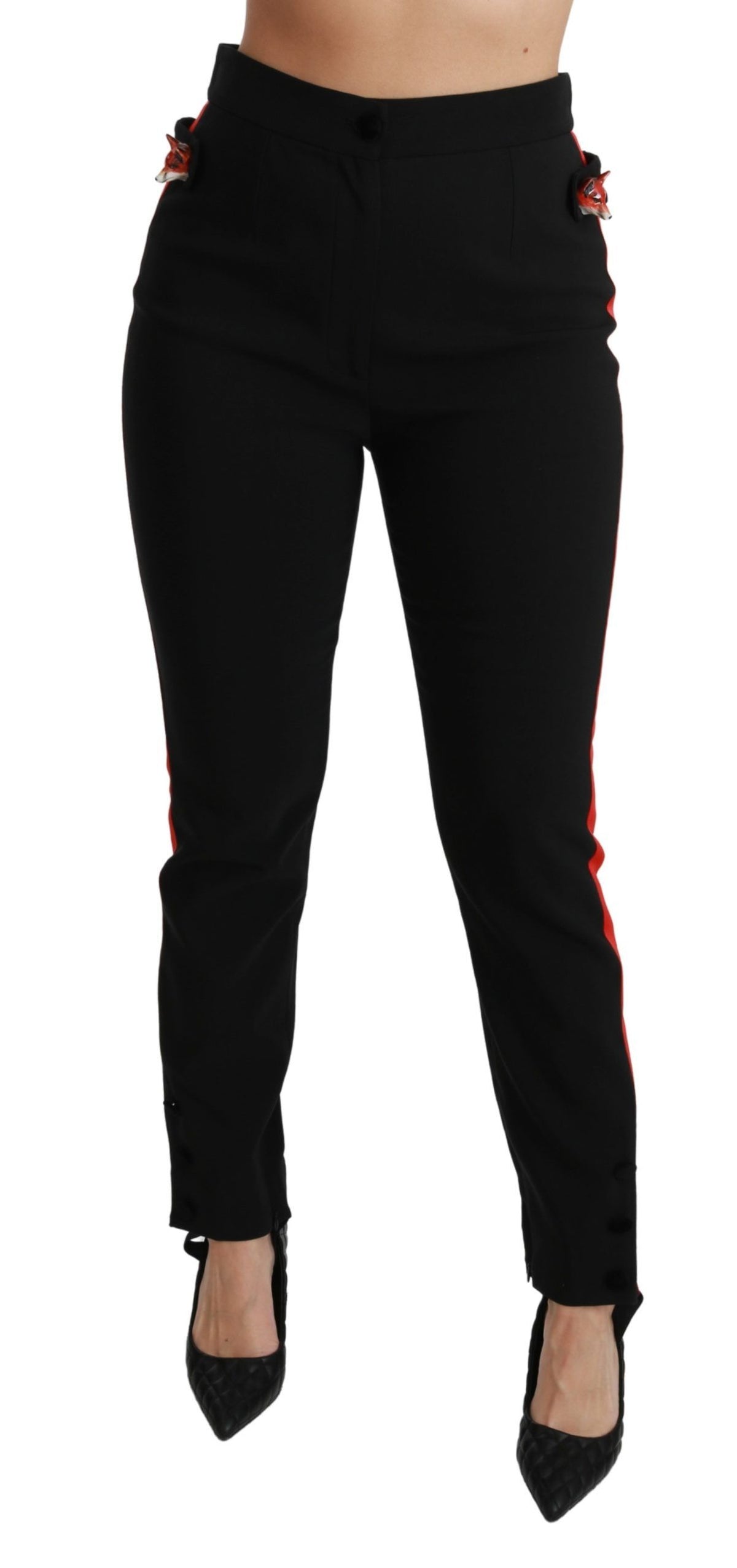 Dolce & Gabbana Black Skinny Stretch High-Waisted Trousers with Fox Head Detail