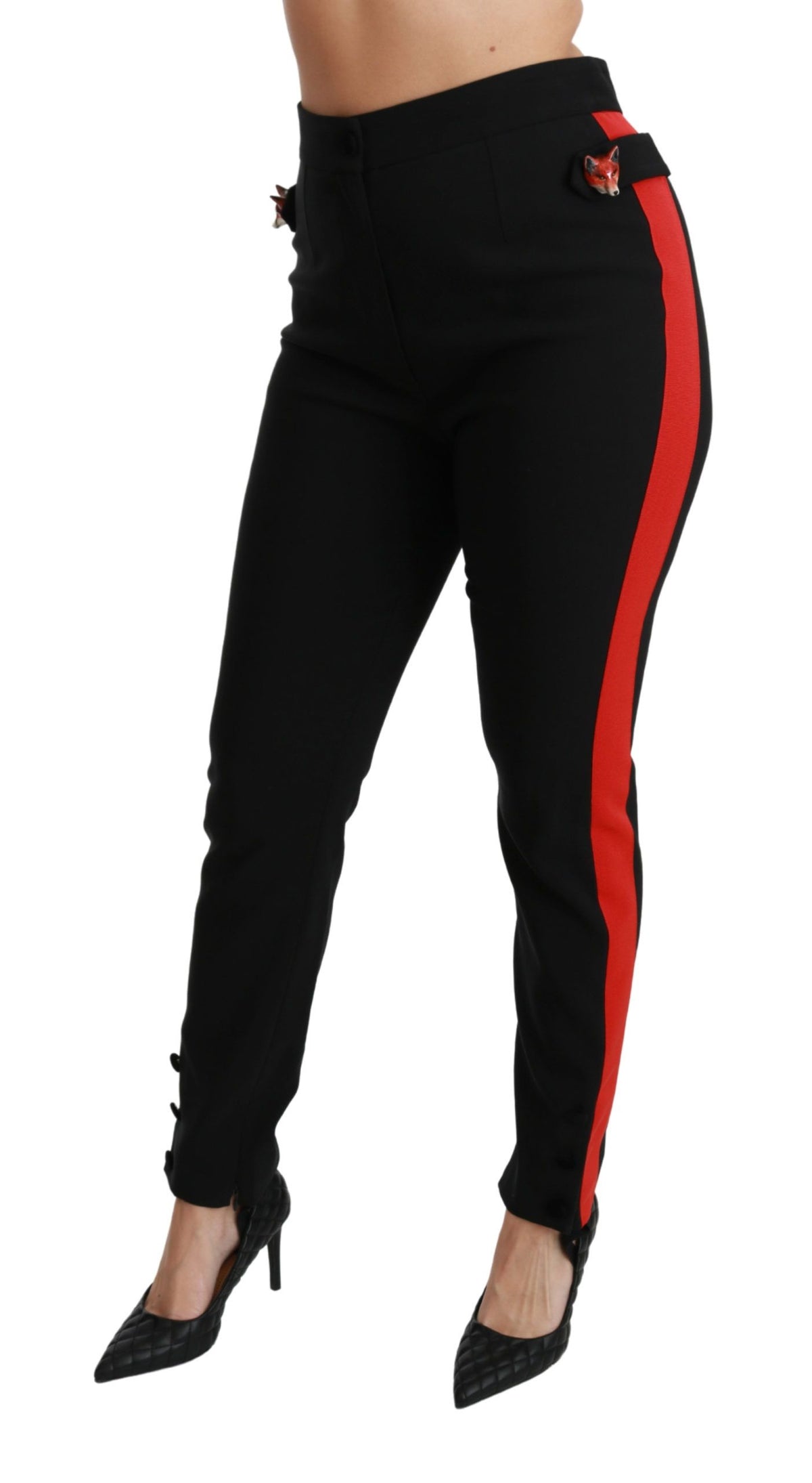 Dolce & Gabbana Black Skinny Stretch High-Waisted Trousers with Fox Head Detail
