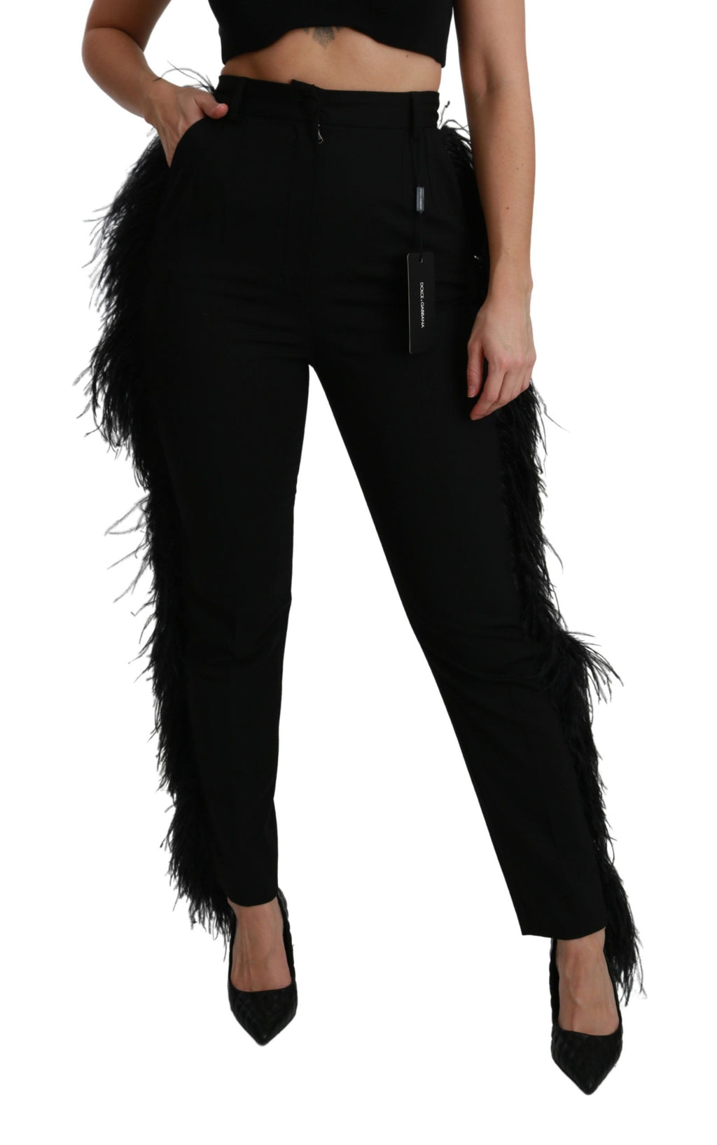 Dolce & Gabbana Black Feather-Embellished High-Waisted Straight-Leg Wool Trousers