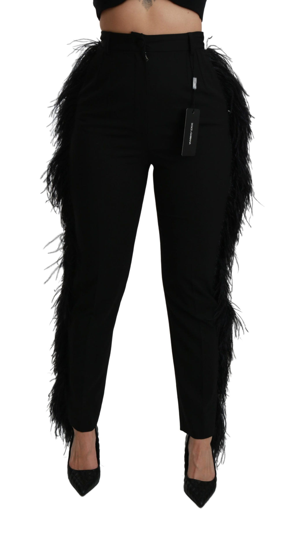 Dolce & Gabbana Black Feather-Embellished High-Waisted Straight-Leg Wool Trousers