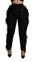Dolce & Gabbana Black Feather-Embellished High-Waisted Straight-Leg Wool Trousers