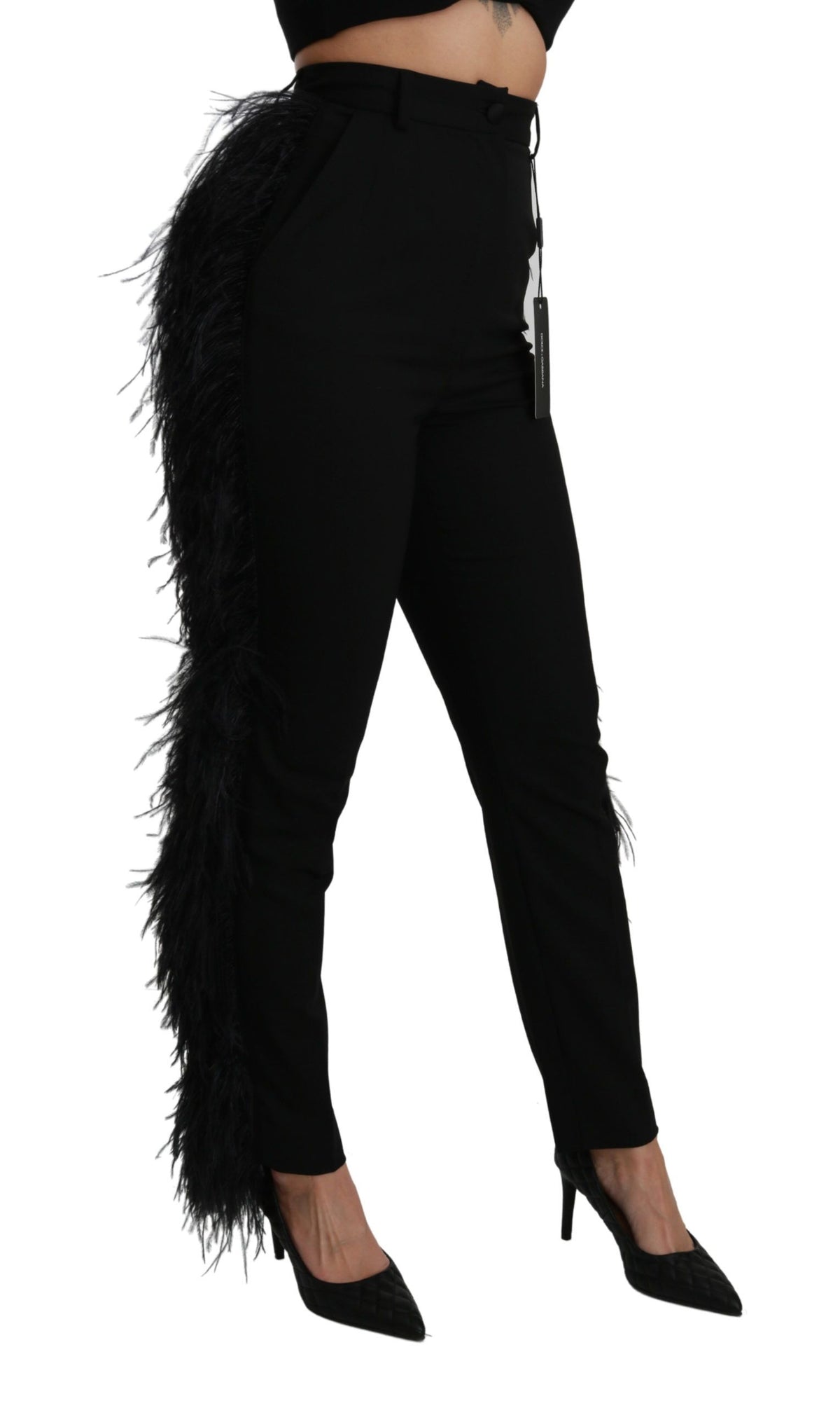 Dolce & Gabbana Black Feather-Embellished High-Waisted Straight-Leg Wool Trousers