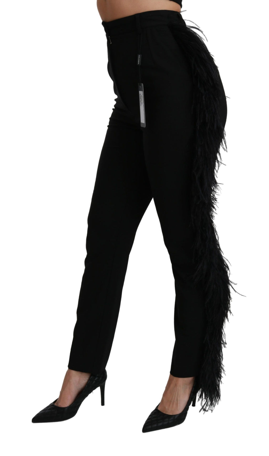 Dolce & Gabbana Black Feather-Embellished High-Waisted Straight-Leg Wool Trousers