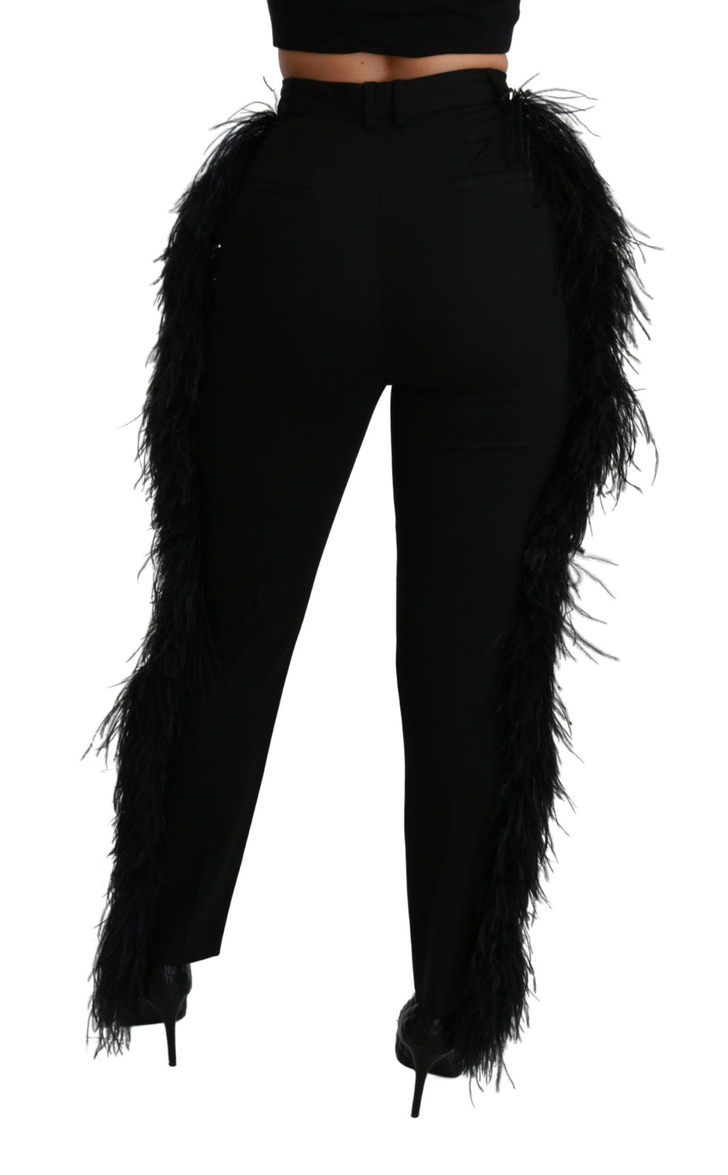 Dolce & Gabbana Black Feather-Embellished High-Waisted Straight-Leg Wool Trousers