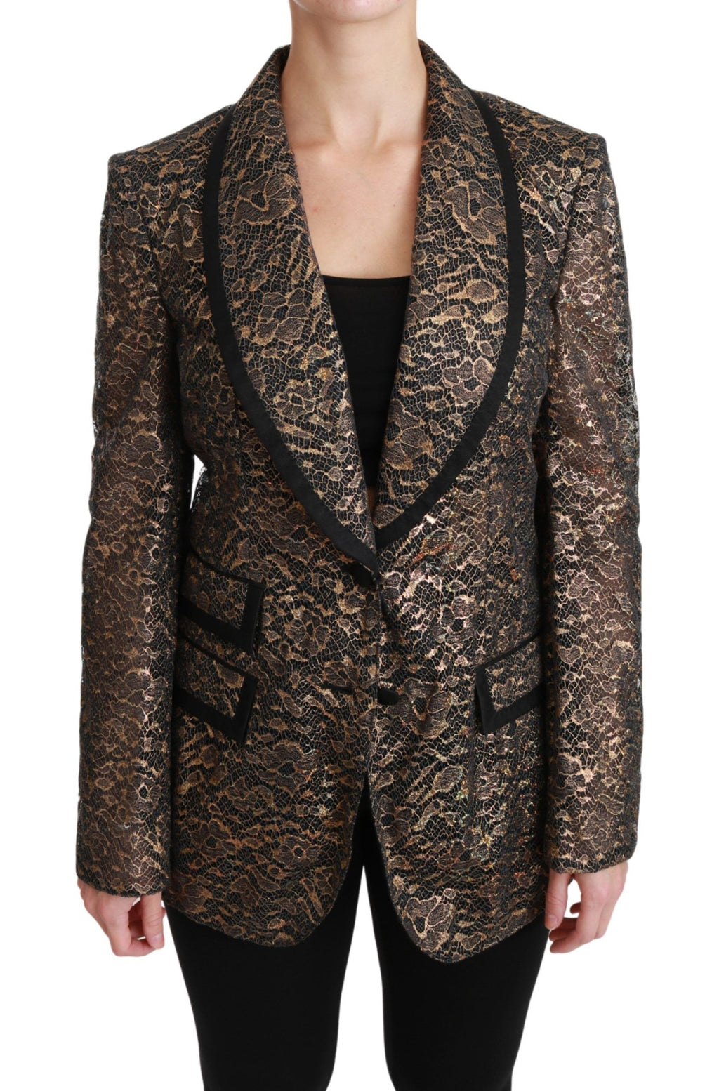 Dolce & Gabbana Gold Black Lace Floral Blazer Jacket – Silk Lining