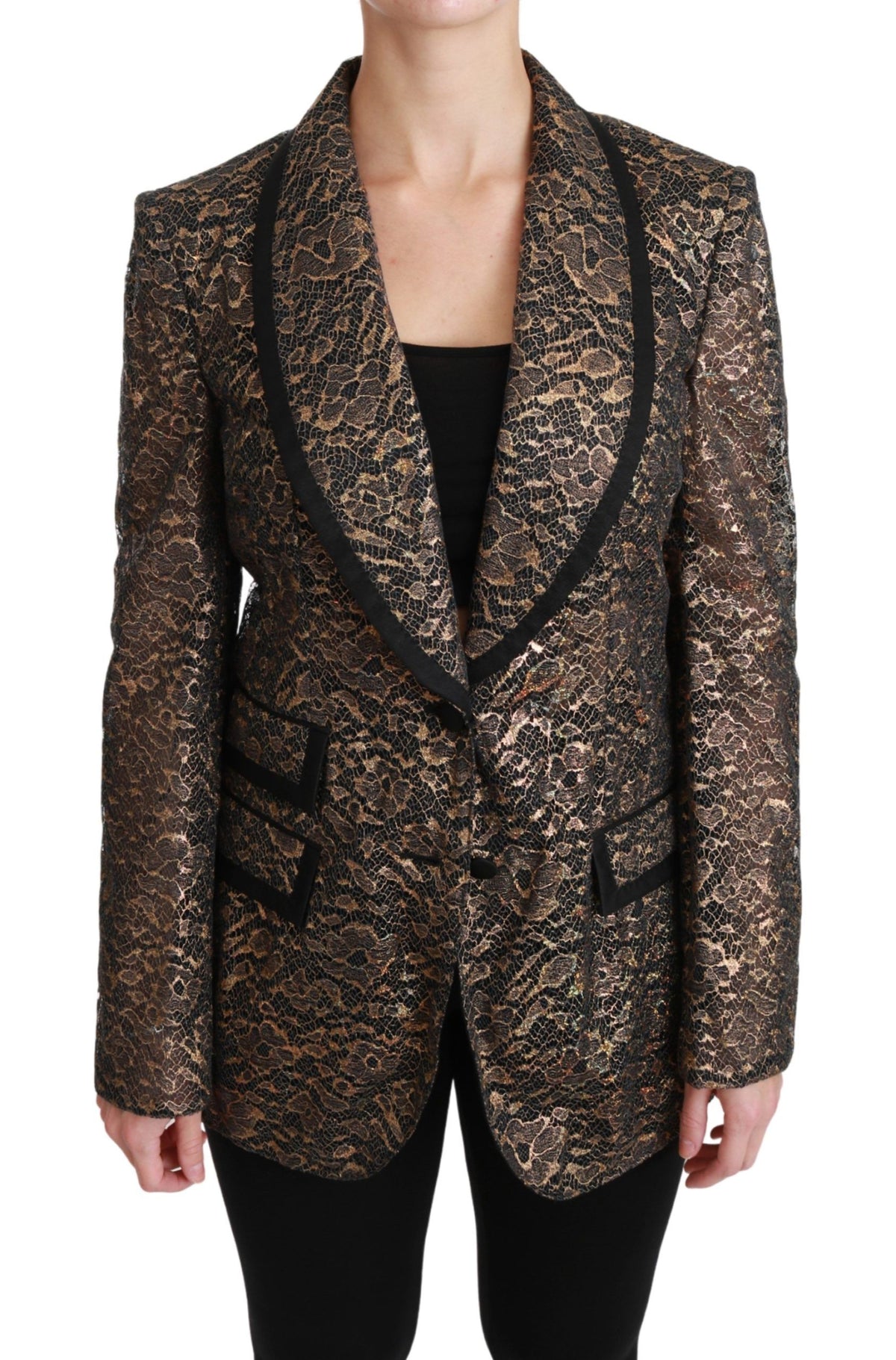 Dolce & Gabbana Gold Black Lace Floral Blazer Jacket – Silk Lining