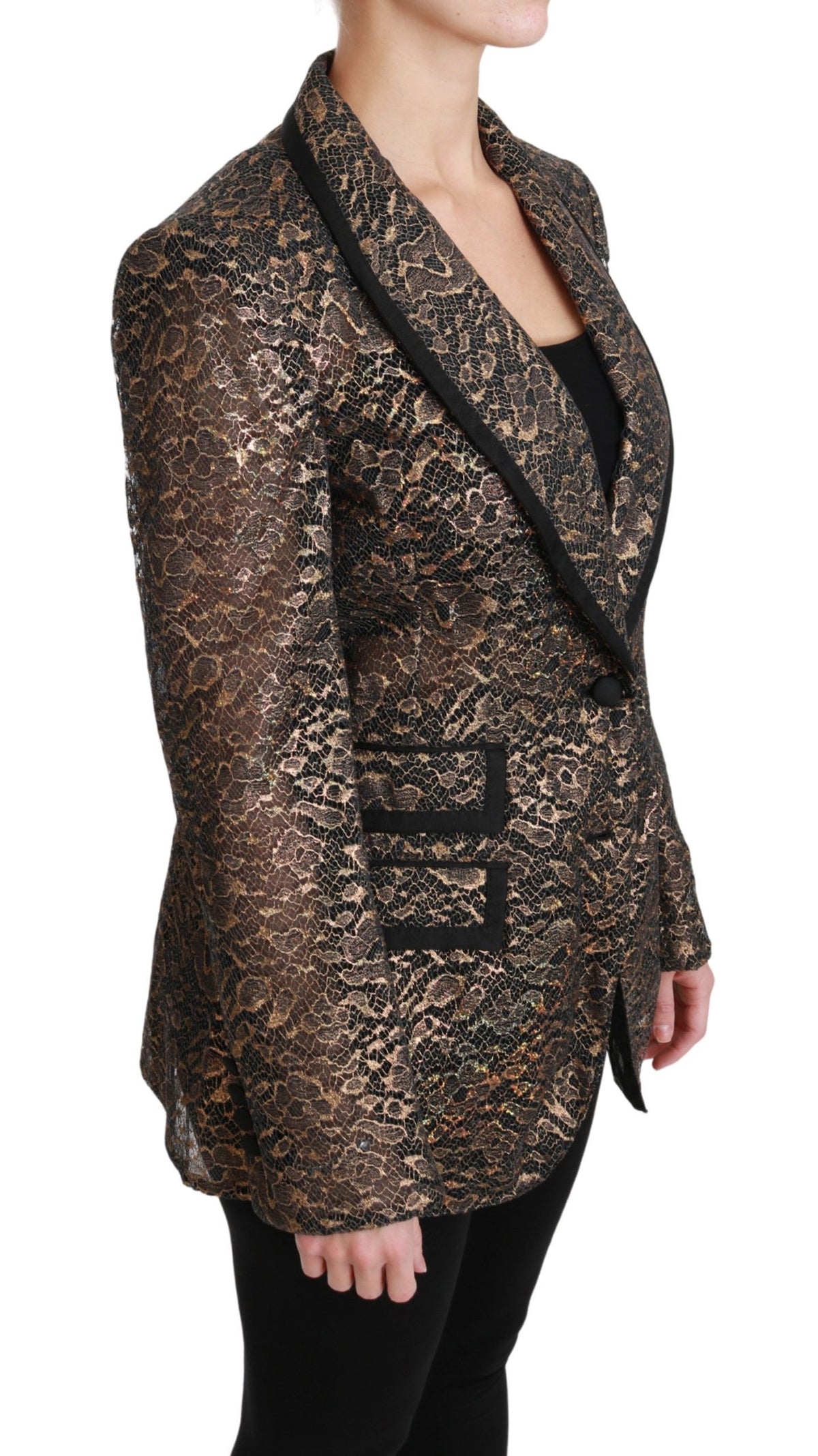Dolce & Gabbana Gold Black Lace Floral Blazer Jacket – Silk Lining