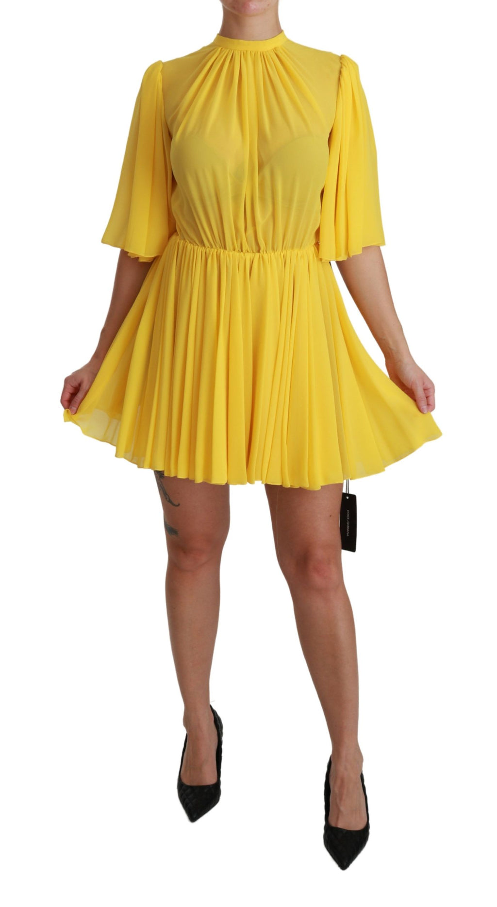 Dolce & Gabbana Yellow Pleated A-Line Mini Silk Dress – 100% Silk