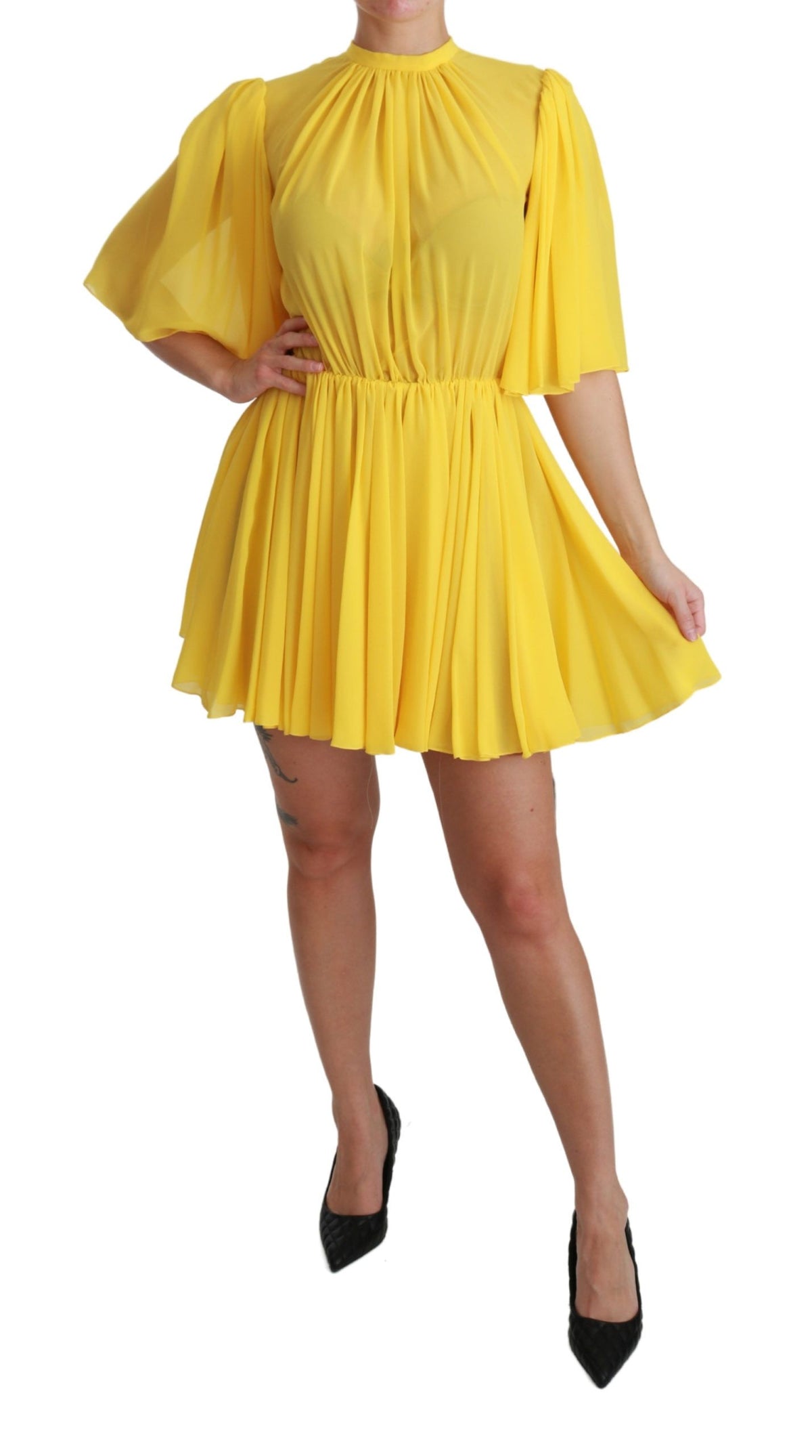Dolce & Gabbana Yellow Pleated A-Line Mini Silk Dress – 100% Silk